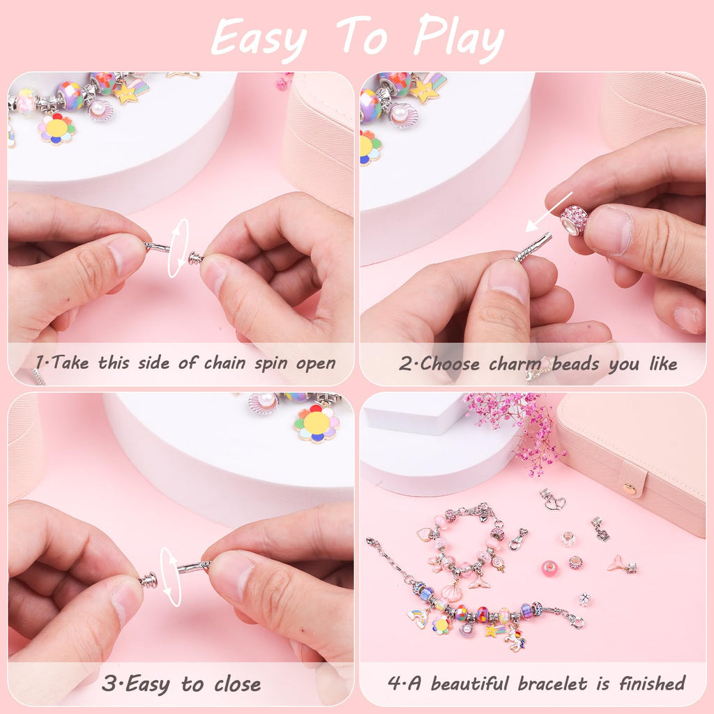 UFU Charm Bracelet Making Kit, 120Pcs DIY Jewelry Making Kit Arts & Crafts Gift for Girls 5 6 7 8-12, A Sweet Birthday Gift & Toy to Inspire Imagination & Creativity, with Portable Jewelry Box