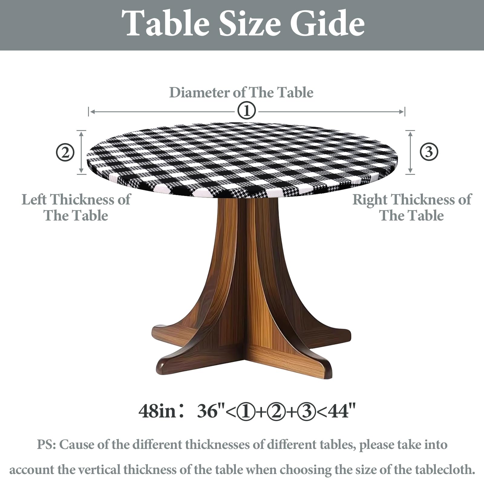 LOMOHOO Round Tablecloth with Elastic Edge Outdoor Waterproof Round Table Cloth, 36-44" Black White Buffalo Plaid Houndstooth Washable Fitted Vinyl Table Cover for Dining Kitchen Picnic Camping Party