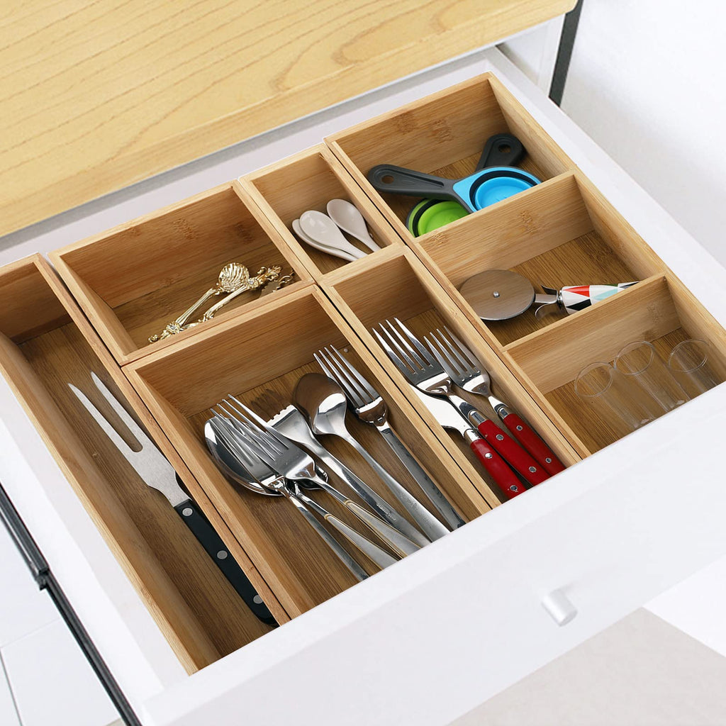 YOUEON Set of 6 Bamboo Drawer Organizers with Dividers Adjustable Multipurpose Storage Tray and Drawer Insert Box Bamboo Storage Boxes Divider Make-up Organiser for Home Office Kitchen Bedroom Desk