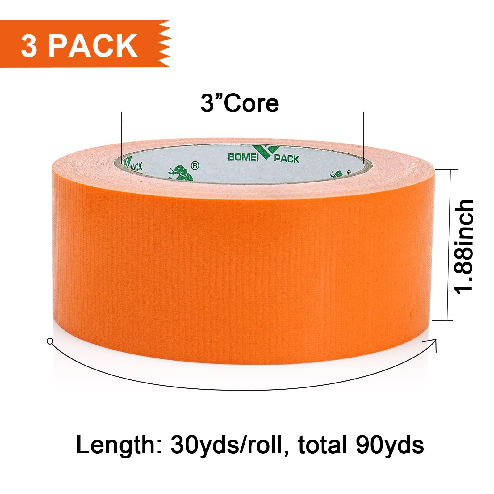 BOMEI PACK Orange Duct Tape, 3Rolls Heavy Duty Strong Industrial Color Duct Tape 9mil x 1.88inch x 30yds for Packing and Repairing
