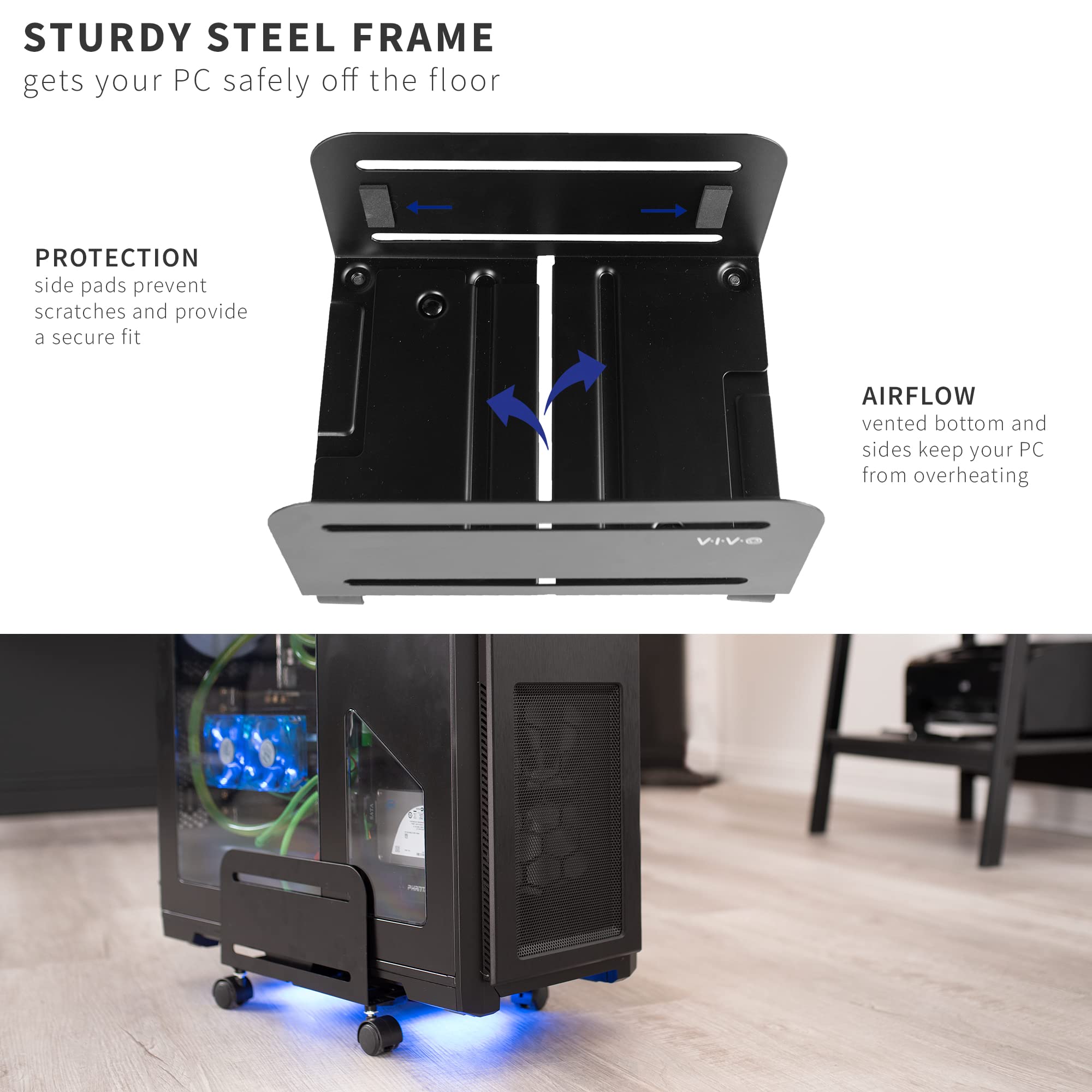 VIVO Large Computer Tower Desktop ATX-Case, CPU Steel Rolling Stand, 20cm to 36cm Wide Adjustable Mobile Cart Holder with Locking Caster Wheels, Gaming PC Holder, Black, CART-PC01L