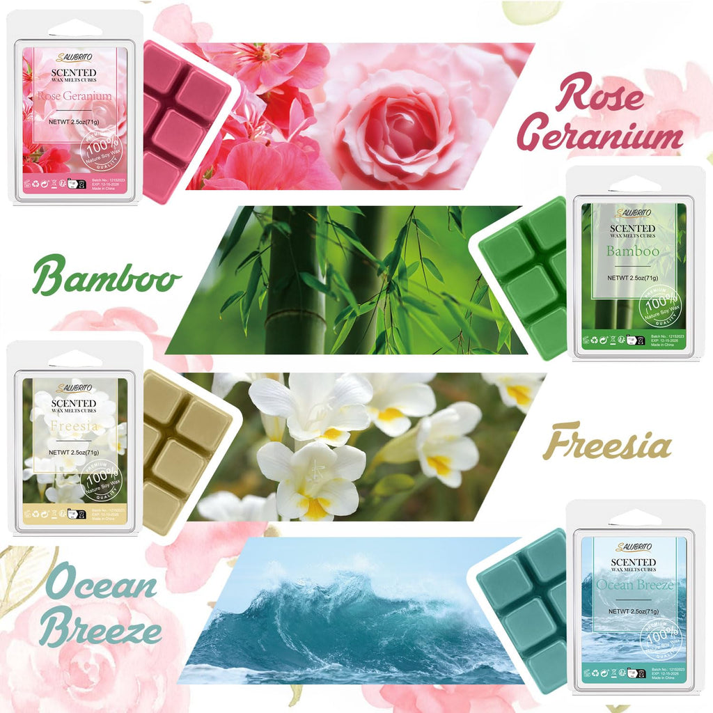 SALUBRITO Spring Scented Wax Melts, Soy Wax Cube/Tarts Variety Gift Set, Rain, Fresh Cut Grass, Ocean Breeze, Sweet Pea, Rose Geranium, Gardenias, Freesia, Bamboo