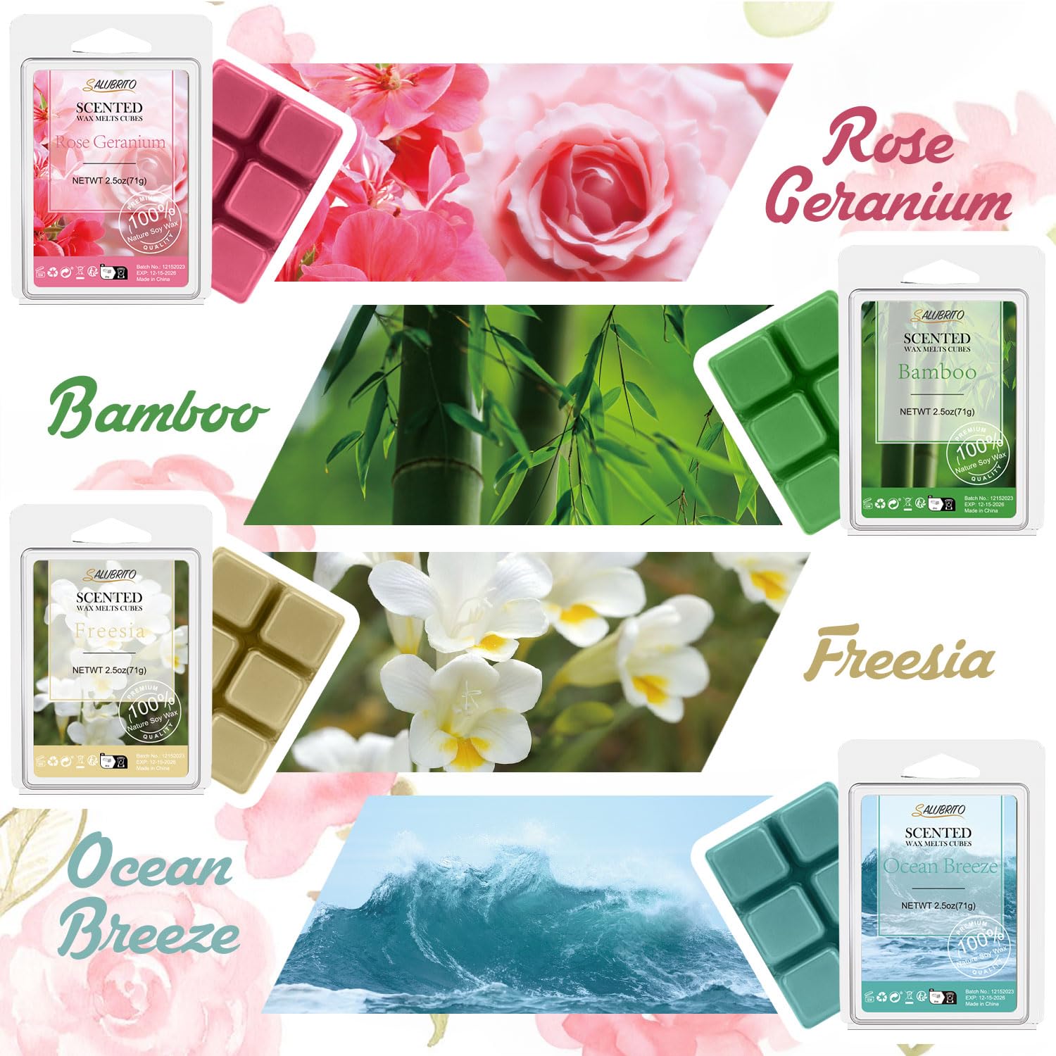 SALUBRITO Spring Scented Wax Melts, Soy Wax Cube/Tarts Variety Gift Set, Rain, Fresh Cut Grass, Ocean Breeze, Sweet Pea, Rose Geranium, Gardenias, Freesia, Bamboo