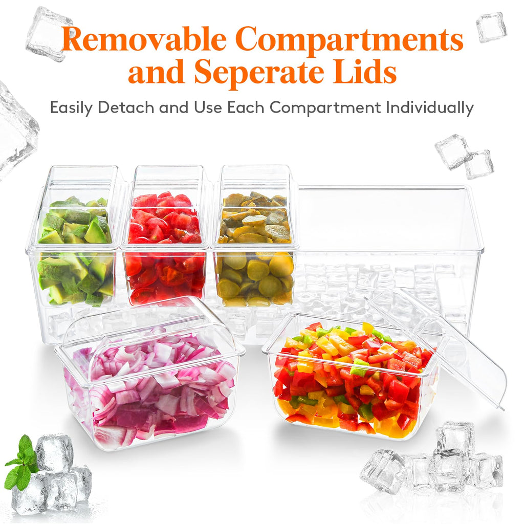 Lifewit Ice Chilled Condiment Caddy with 5 Containers(2.5 Cup), Condiment Server with Separate Lids, Serving Tray Platter with Removable Dishes for Bar Accessories, Fruit, Salad, Taco, Party Garnish