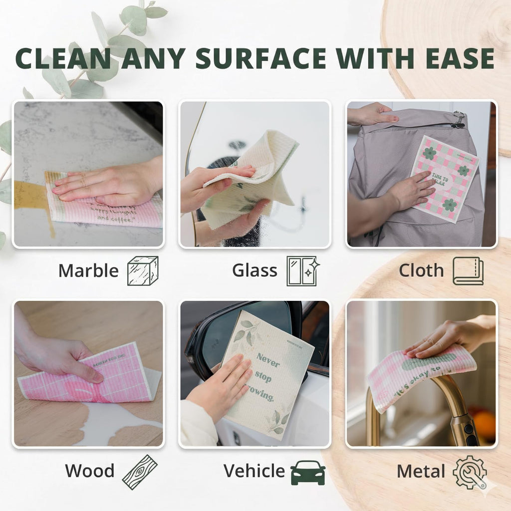 ReReem Swedish Dish Cloths – 6-Pack Reusable, Biodegradable Cellulose & Cotton Cleaning Towels – Plant Lover