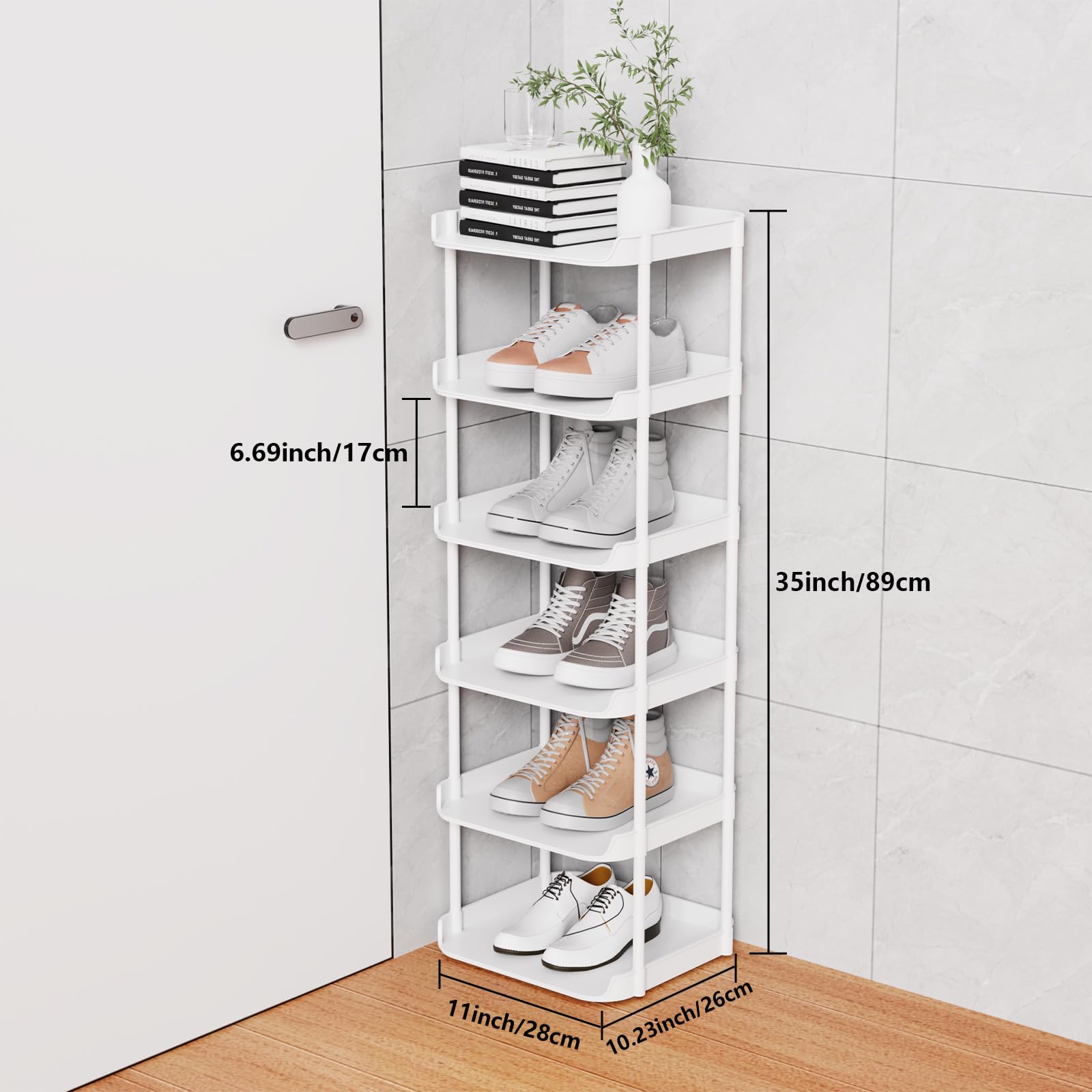 Altdnmaf Narrow Shoe Storage Rack, Compact Single Shoerack Stand for Slim Space, Stackable Tall Thin Show Tower, Solid Plastic Shelves, for Hallways, Kitchens, Bedrooms Tidy Organizer (White, 6 Tier)