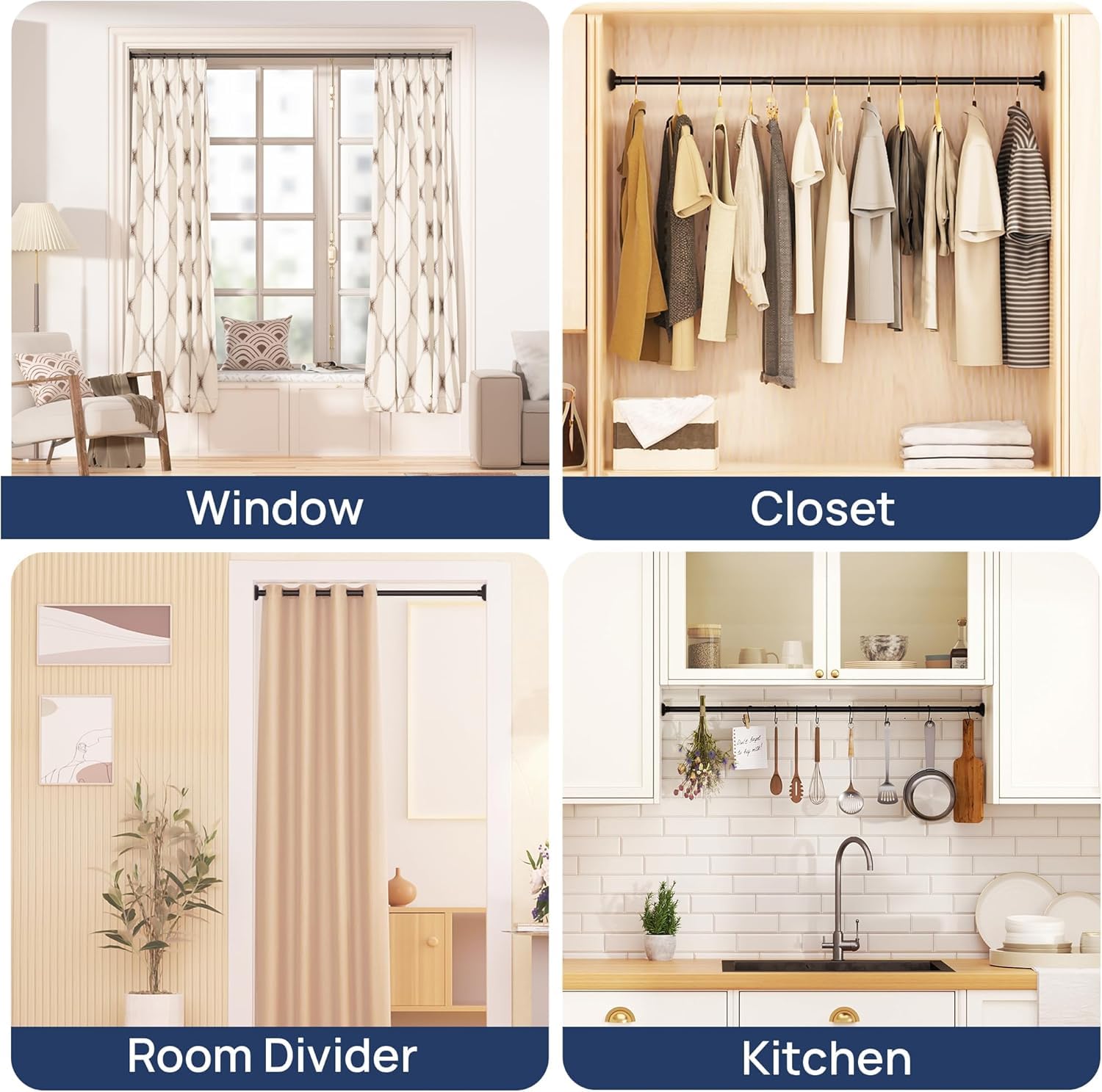 Matte Black Shower Curtain Rod Tension 30 to 76 Inches Never Rust Non-Slip Spring Tension Shower Rod No Drilling Stainless Steel Curtain Pole Use Bathroom, Closet, Window, Room Divider