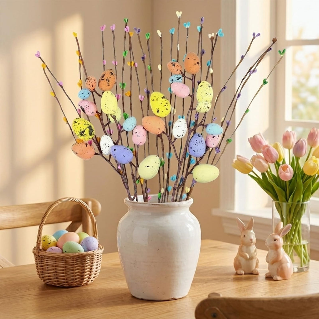 Artificial Easter Spray Vine with 2 Pastel Easter Eggs and 24 Berries - 26Pcs Spring Floral Stems for Floral Arrangement, Wreath, Centerpiece, Easter Home Decor
