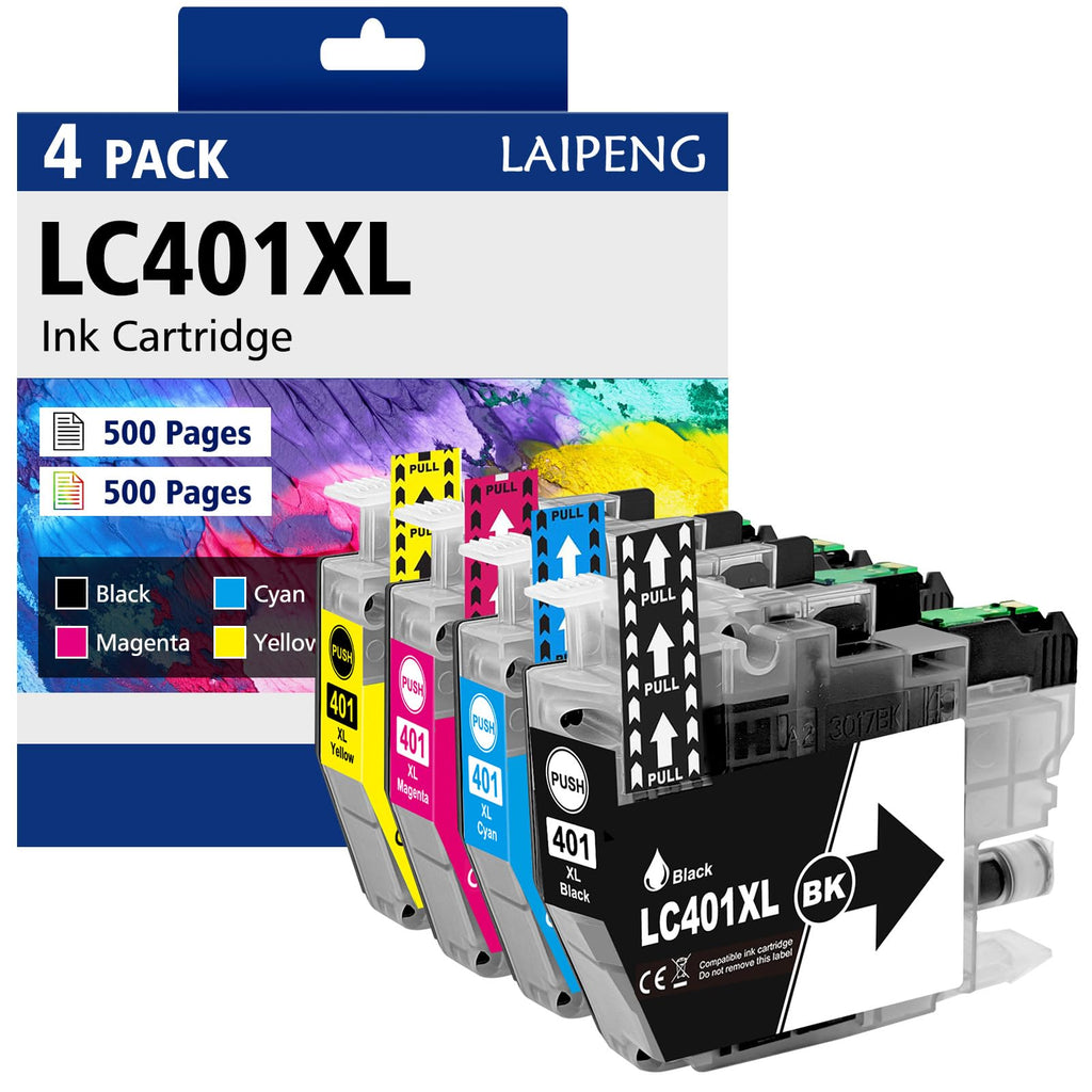 LC401XL Ink Cartridges Compatible for LC401 LC401XL Ink Cartridges for MFC-J1010DW MFC-J1012DW MFC-J1170DW MFC-J1800DW Printer High Yield (4-Pack, BK/C/M/Y)