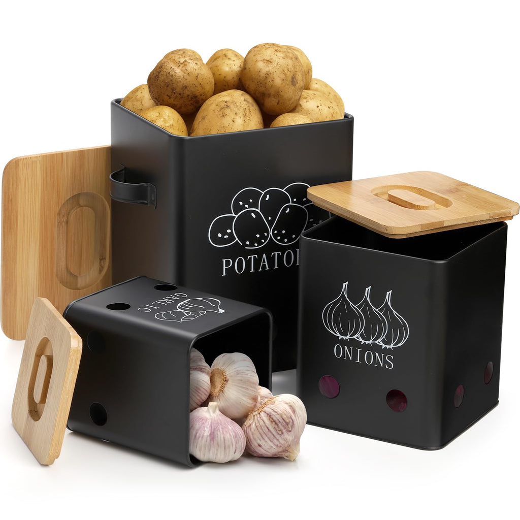 WUWEOT 3 Pack Vegetable Storage Tins, Potato Onion Garlic Storage Canister, Black Metal Vegetable Fresh Keeper Caddy, Kitchen Pantry Organizer Jars with Bamboo Lid and Aerating Holes