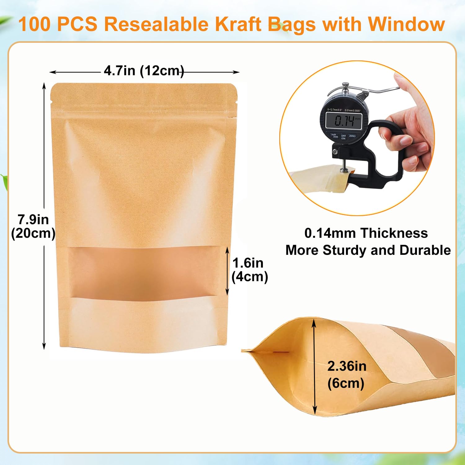 Matomtak Kraft Stand Up Bulk Pouches Resealable Paper Ziplock Bags with Window, 100 Pcs Sealable Food Storage Packaging Bags for Home and Business (Brown, 12x20cm/4.7x7.9inch)