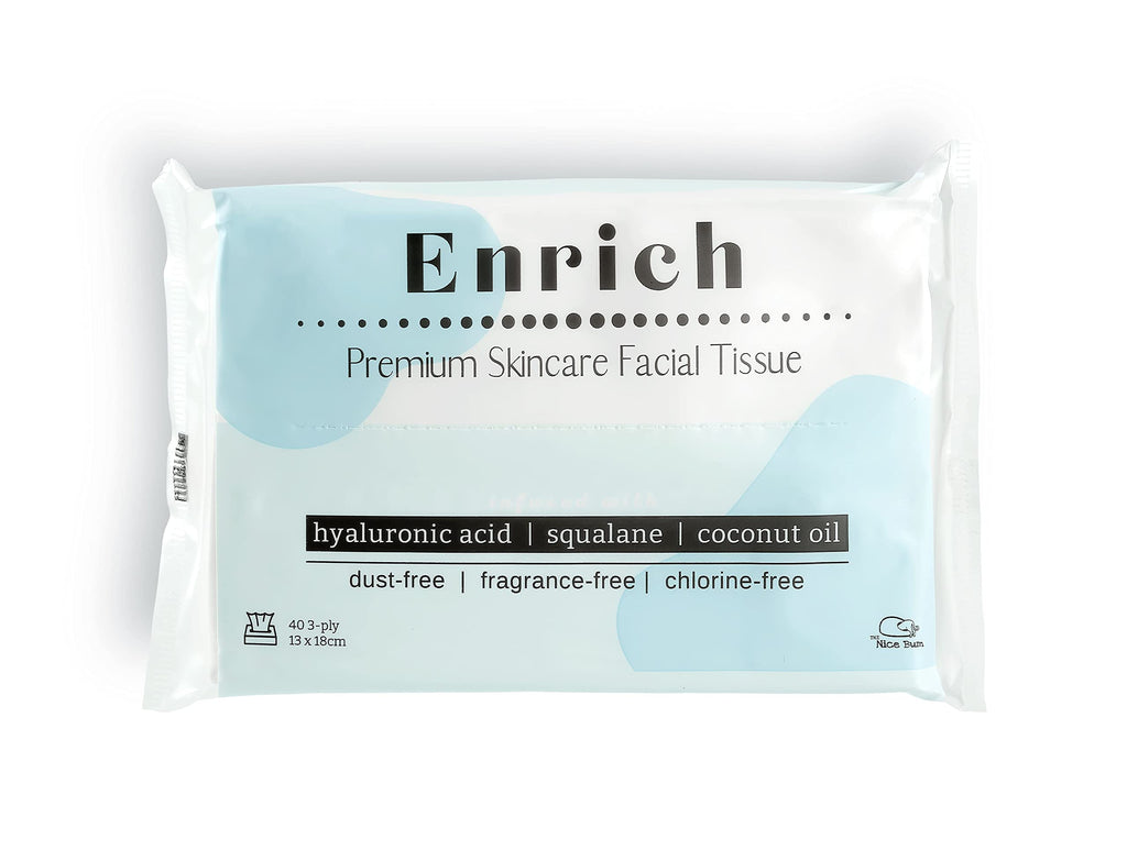 The Nice Bum Enrich Tissues Travel Pack | Premium Skincare Facial Tissue | Non-GMO & Vegan | Dust, Fragrance, and Chlorine-Free | Ultra-Strong 3-Ply | 40 Tissues Per Pack | Pack of 15