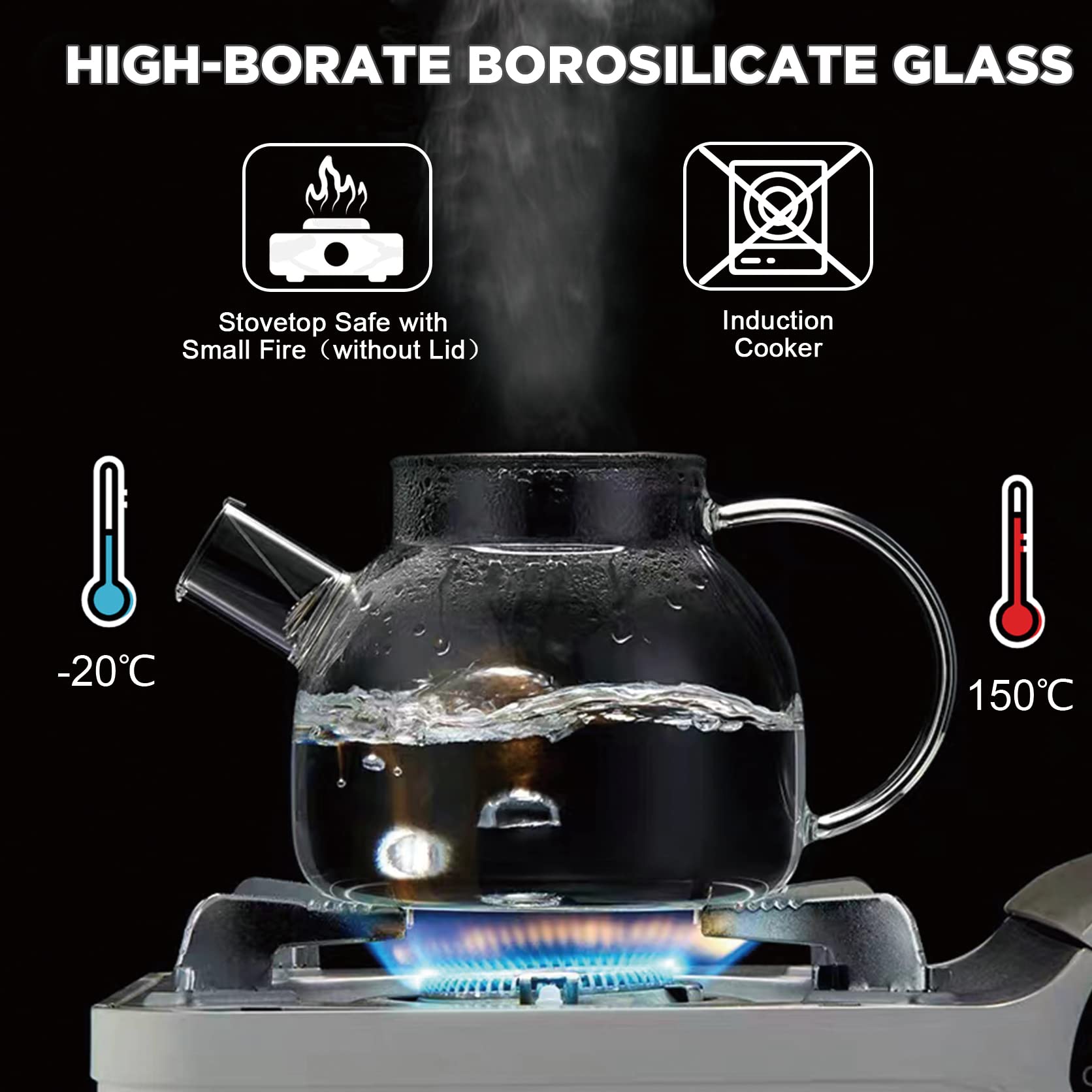 SITIEPA Glass Teapot Stovetop Safe, Glass Tea Kettle 60.8oz/1800mL Borosilicate Clear Teapot with Bamboo Lid and Removable Filter Spout Tea Pot for Loose Leaf and Blooming Tea