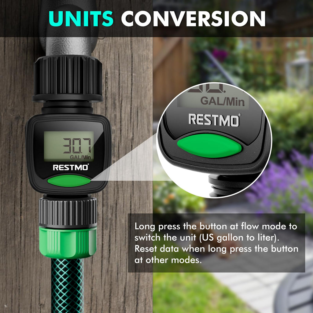 RESTMO Water Flow Meter, High Measure Accuracy, Measure Gallon/Liter Consumption and Flow Rate for Outdoor Garden Hose Watering, RV Water Tank Filling, Lawn Sprinkler and Nozzle Sprayer