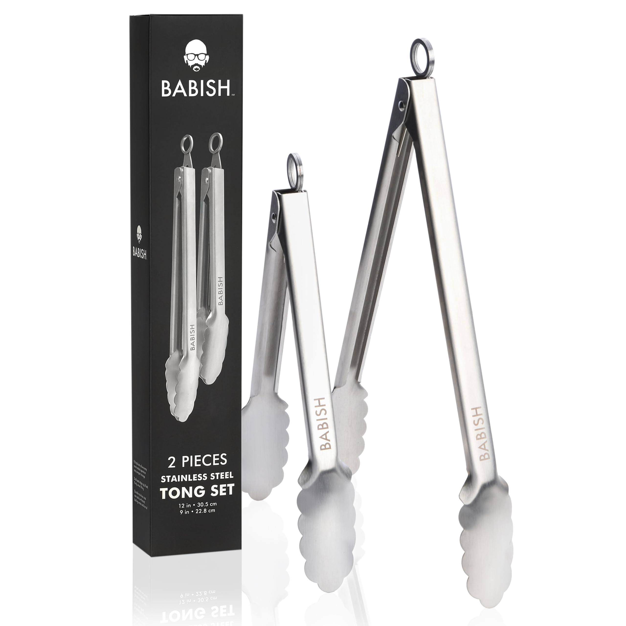 Babish 12” & 9” Locking Kitchen Tong Set, Stainless Steel