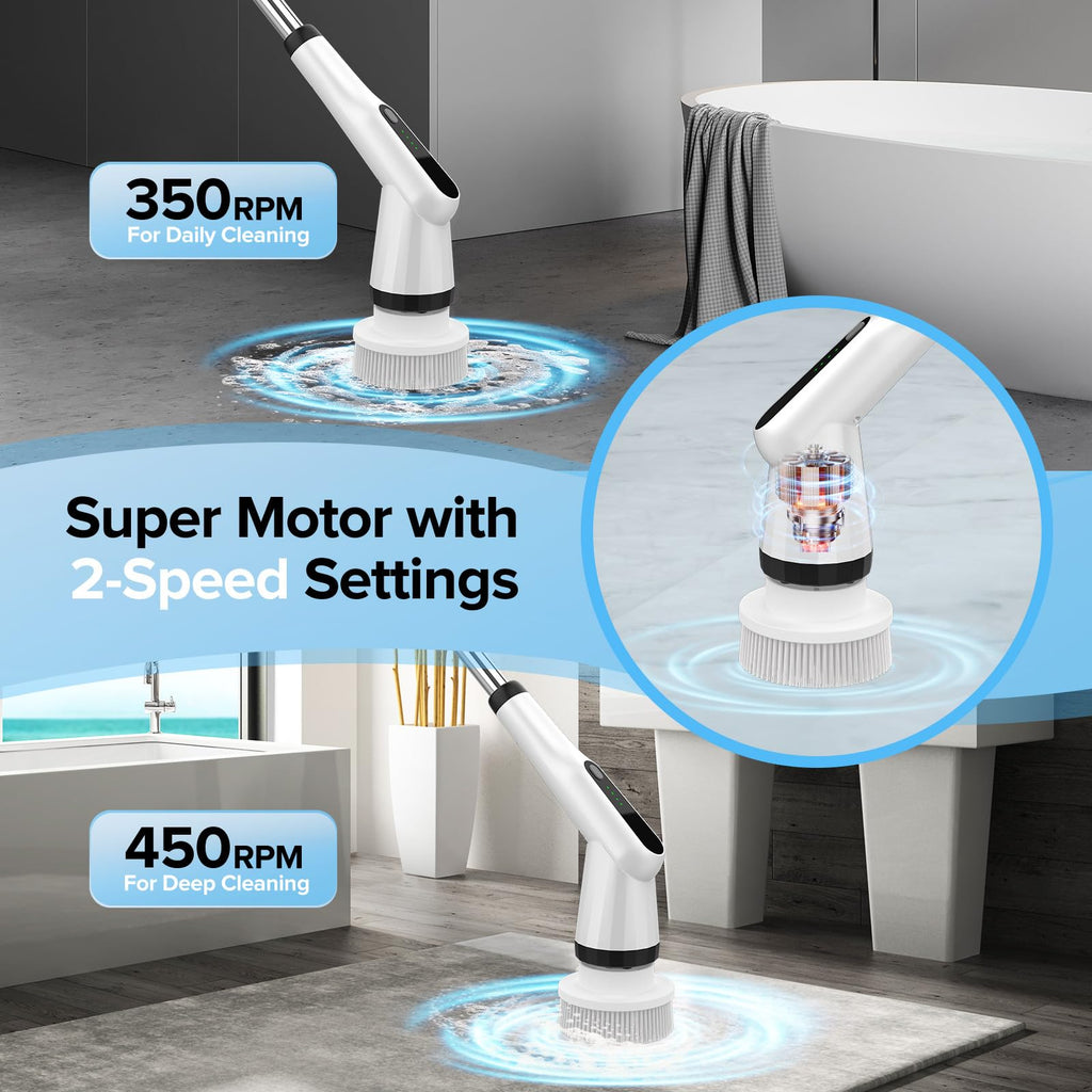Electric Spin Scrubber, Dreazu IPX7 10-in-1 Bathroom Scrubber， Retractable Handle, 2-Speed Adjustable Shower Cleaner Brush for Bathroom, Bathtub, Kitchen, Tile Floors-White