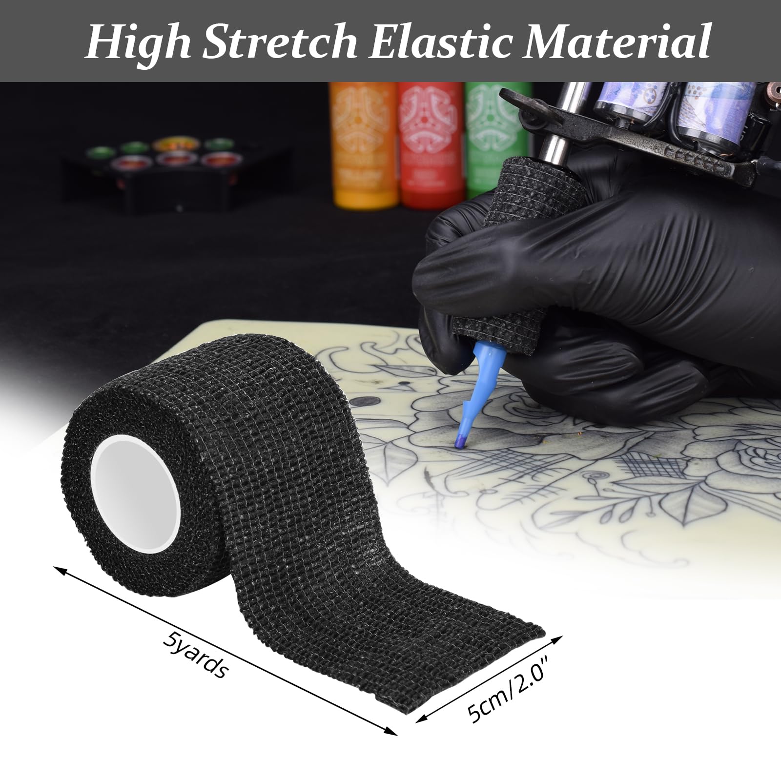 ATOMUS 24pcs Self Adhesive Bandage 5cm Cohesive Bandage Tape Wrap for Tattoo Grip Bandage Machine Pen Pet Sports (24pcs Black)
