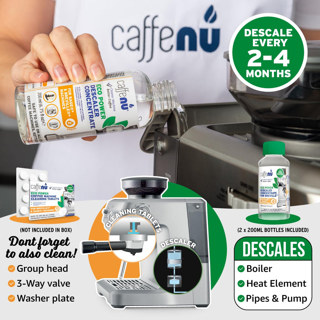 Caffenu Descaler Compatible with Breville. 2 Bottles of Solution. Descaling Kit Removes Limescale For Hotter Coffee. 4 Uses Descaler For Breville Coffee Machines.