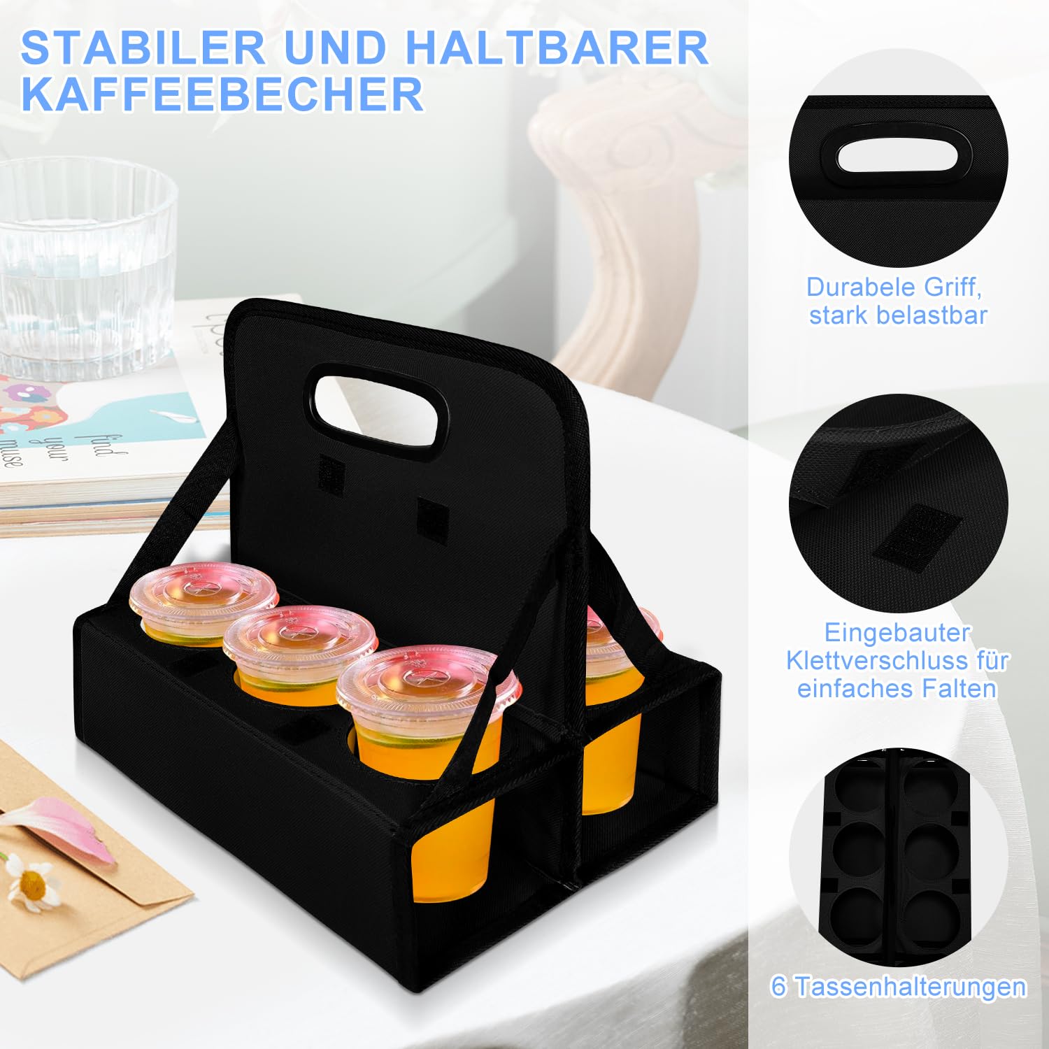 BOHEMIABY Drink Carrier with Handle Reusable, 6 Cup Portable Drink Carrier, Foldable Cup Coffee Carrier, Carry Cocktails、Safely Secures Hot and Cold Beverages-for Delivery and Take Out (Black)
