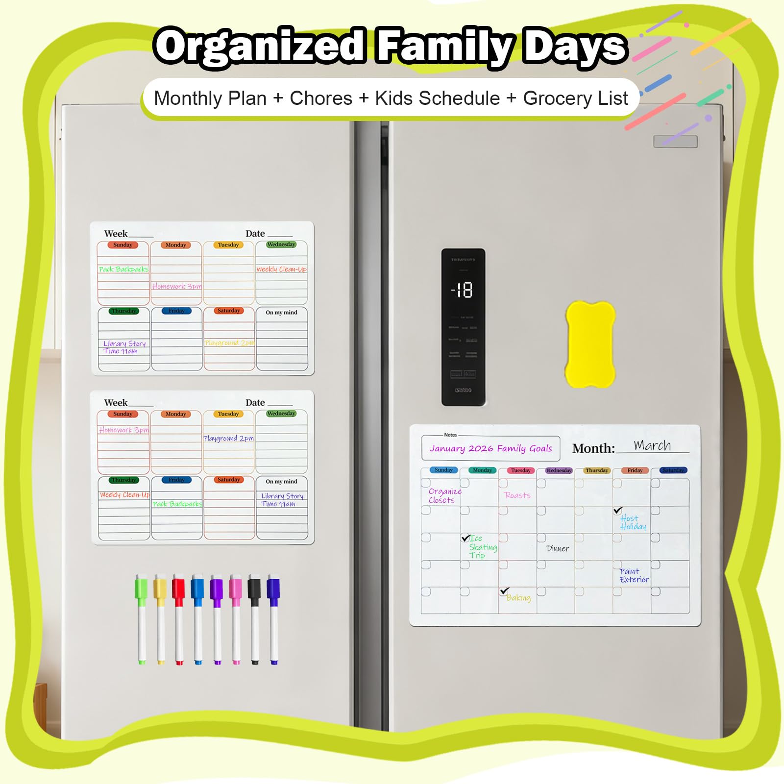 Dry Erase Magnetic Calendar Refrigerator - 2PCS Set A3 A4 Size Planner, No Ghosting, Strong Magnet, Easy Clean, Whiteboard Calendar with Eraser Cloth, Planner for Office Home Refrigerator Iron Door