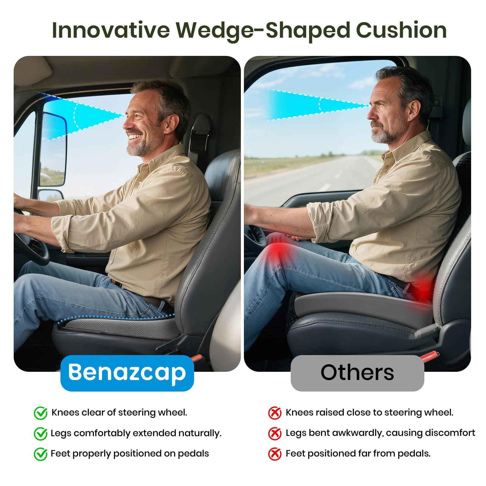 Benazcap Car Seat Cushion - Memory Foam Car Seat Pad - Sciatica & Lower Back Pain Relief - Car Seat Cushions for Driving - Road Trip Essentials for Drivers