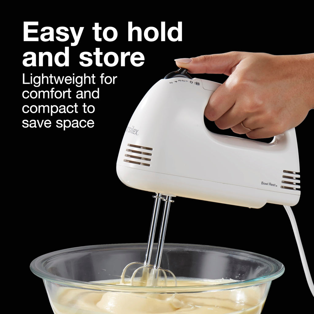 Proctor Silex Easy Mix 5-Speed Electric Hand Mixer with Bowl Rest, Compact and Lightweight, 100 Watts of Peak Power, White (62515G)