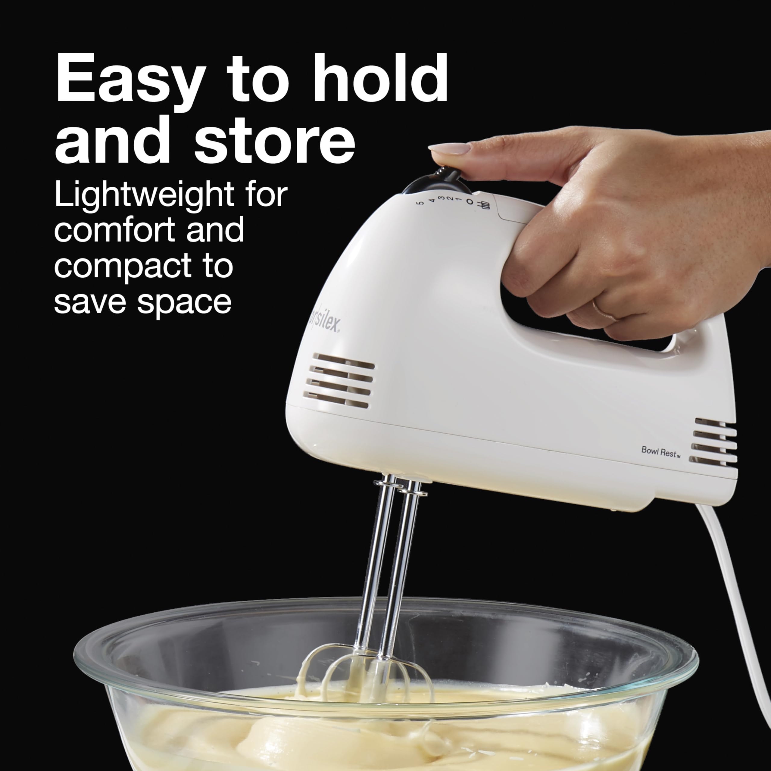 Proctor Silex Easy Mix 5-Speed Electric Hand Mixer with Bowl Rest, Compact and Lightweight, 100 Watts of Peak Power, White (62515G)
