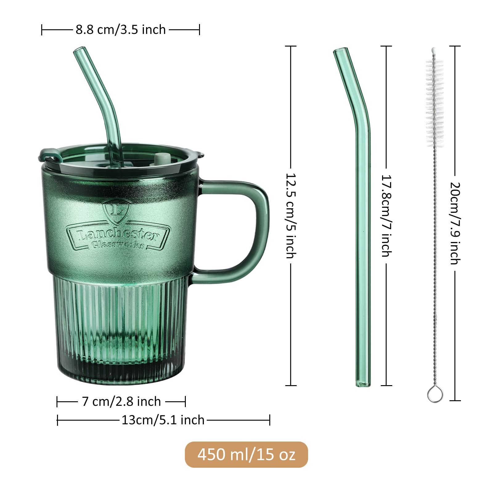 Joeyan Glass Coffee Cup Tumbler with Handle Lid and Straw, Smoothie Iced Coffee Tea Glasses Mug, Green Colored Drinking Jar for Water Juice Beverages Soda Milk, 15oz, Set of 2, Dishwasher Safe