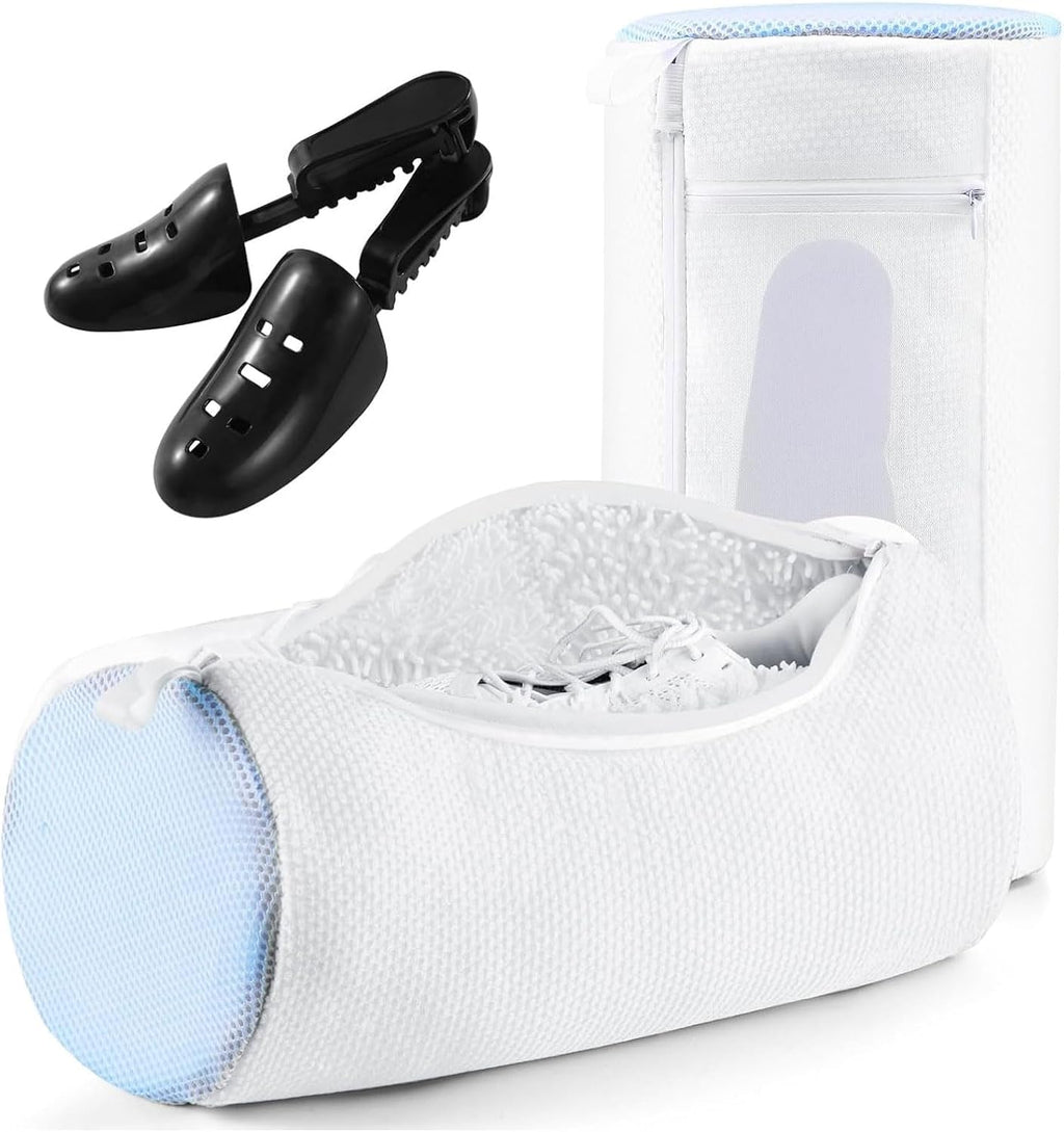 2PCS Shoe Washing Bag for Laundry, Update Tree to Prevent Deformation, 2 Pocket for One-Step Wash Laces Insole Socks, 360°Deep Clean Shoe Laundry Bag for Sneaker Tennis Hiking, Invisible Zipper, White
