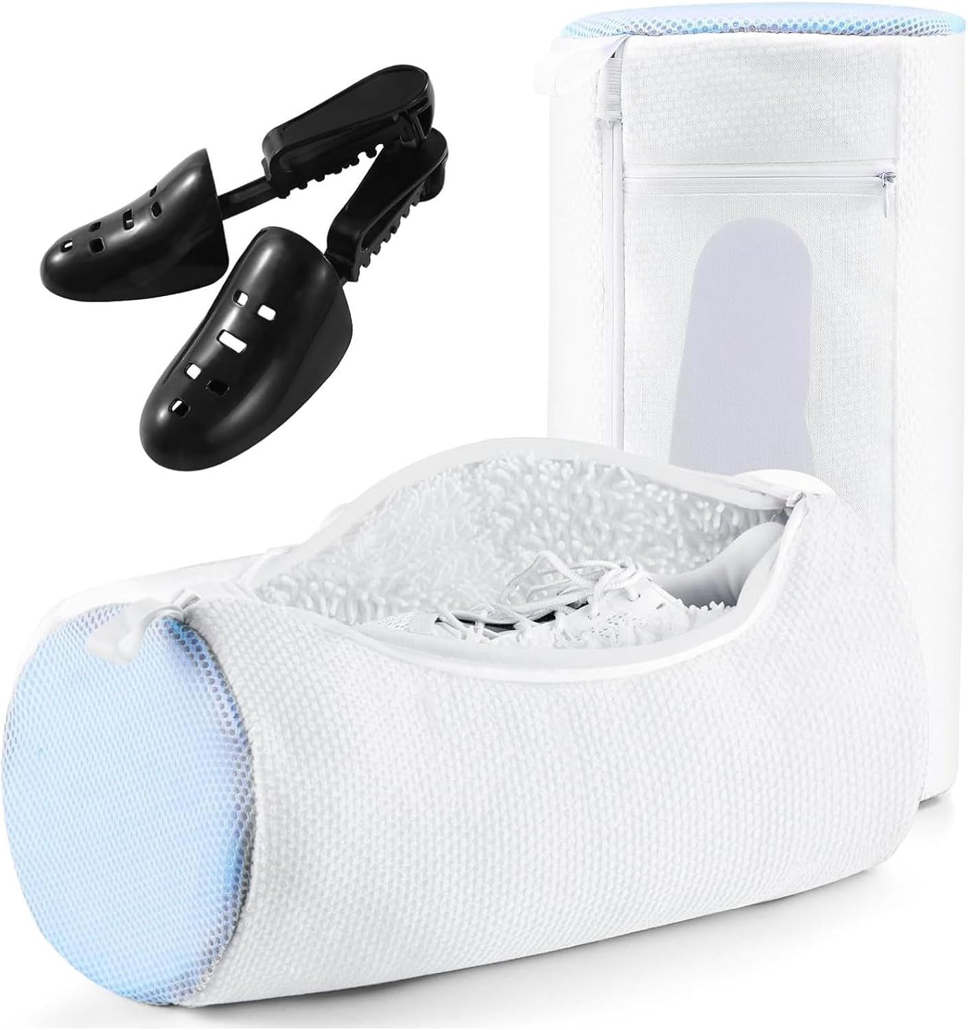2PCS Shoe Washing Bag for Laundry, Update Tree to Prevent Deformation, 2 Pocket for One-Step Wash Laces Insole Socks, 360°Deep Clean Shoe Laundry Bag for Sneaker Tennis Hiking, Invisible Zipper, White