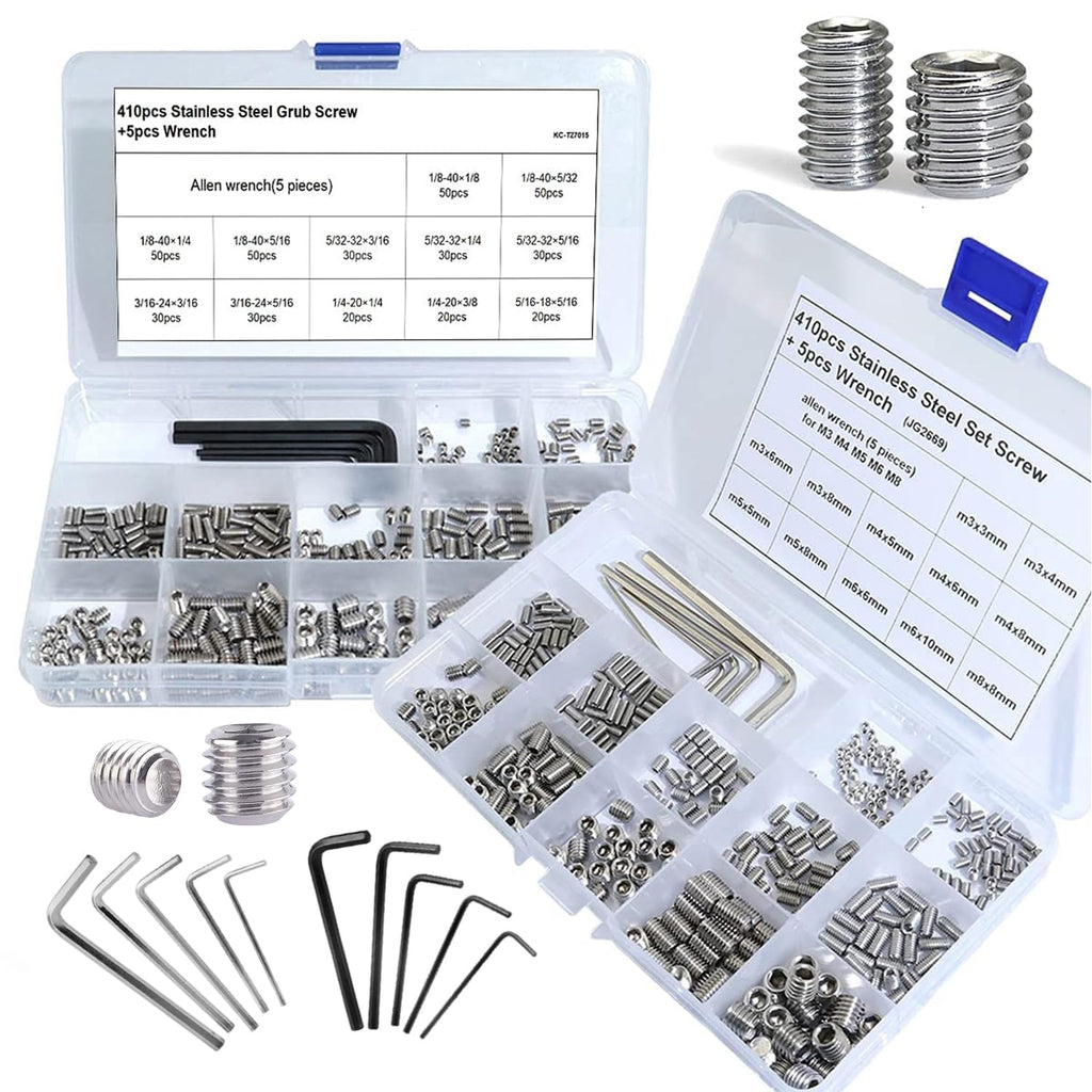 EilxMag 830pcs Metric + Standard SAE Allen Head Socket Hex Grub Screw Set 304 Stainless Steel Internal Hex Drive Cup-Point Screws Assortment Kit (M3-M8, 1/8"-40 to 5/16"-18)
