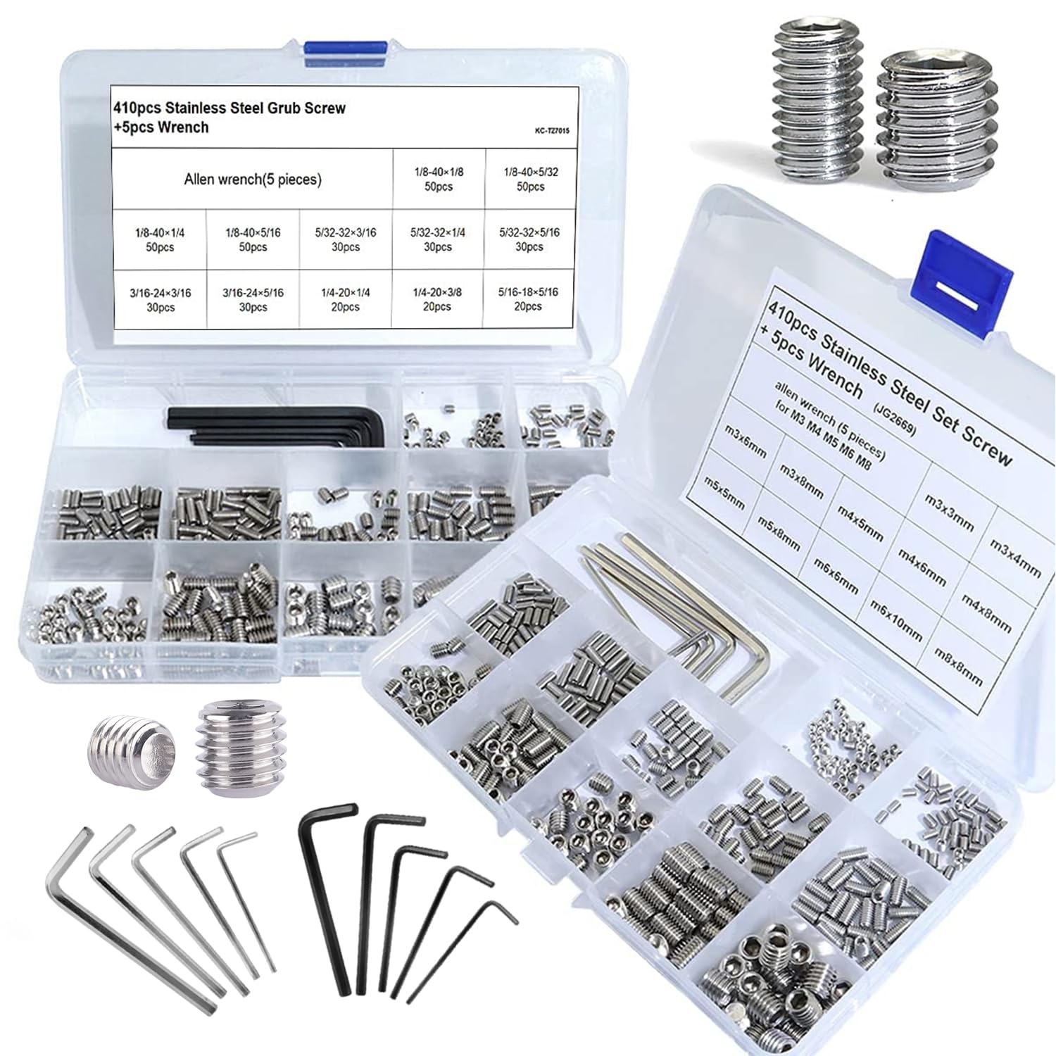 EilxMag 830pcs Metric + Standard SAE Allen Head Socket Hex Grub Screw Set 304 Stainless Steel Internal Hex Drive Cup-Point Screws Assortment Kit (M3-M8, 1/8"-40 to 5/16"-18)
