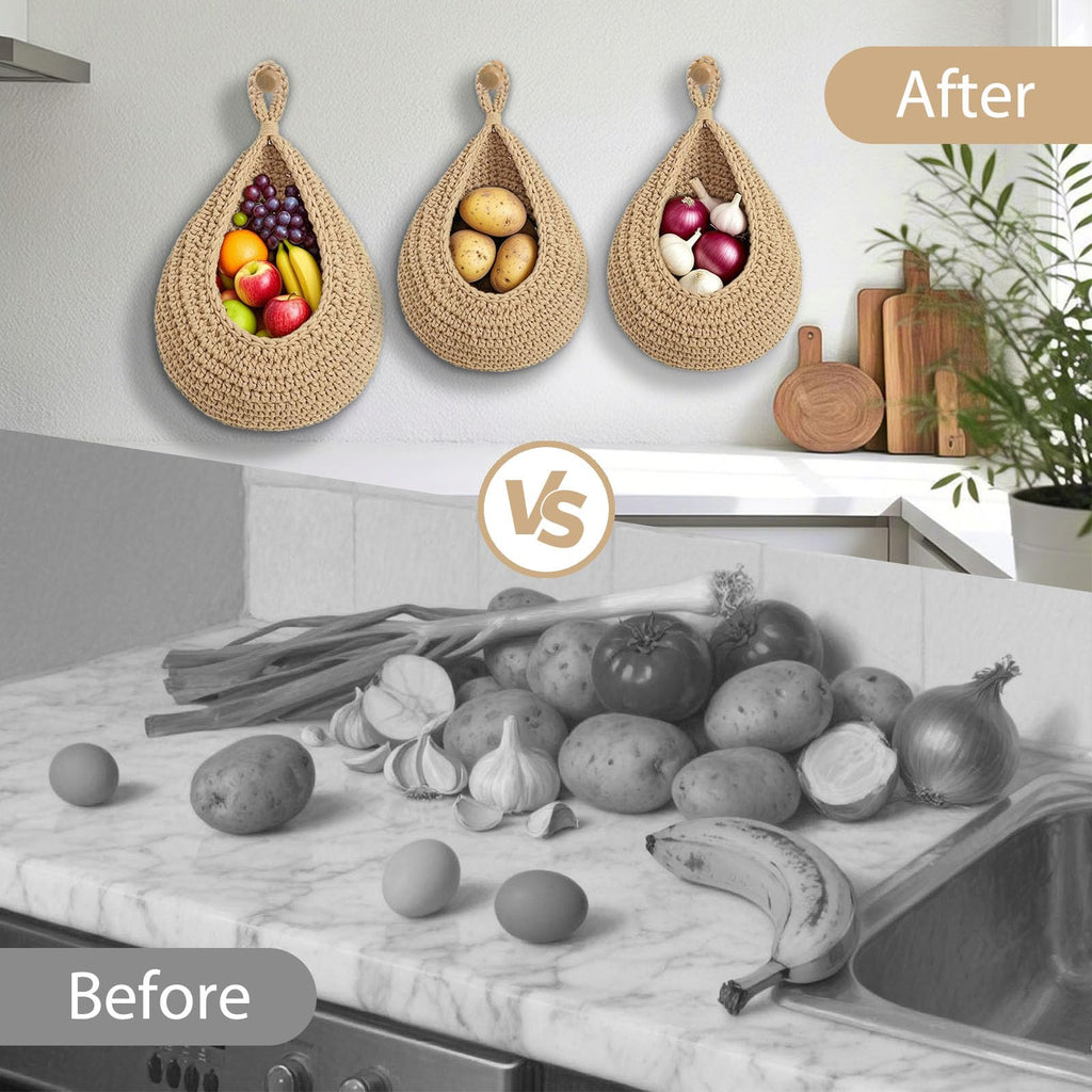 Hanging Fruit Baskets for Kitchen, 3 Pack Boho Cotton Rope Handwoven Vegetable Storage Wall Mounted Large Organizing Basket for Farmhouse Decor, Onion, Potato, Garlic and Plants