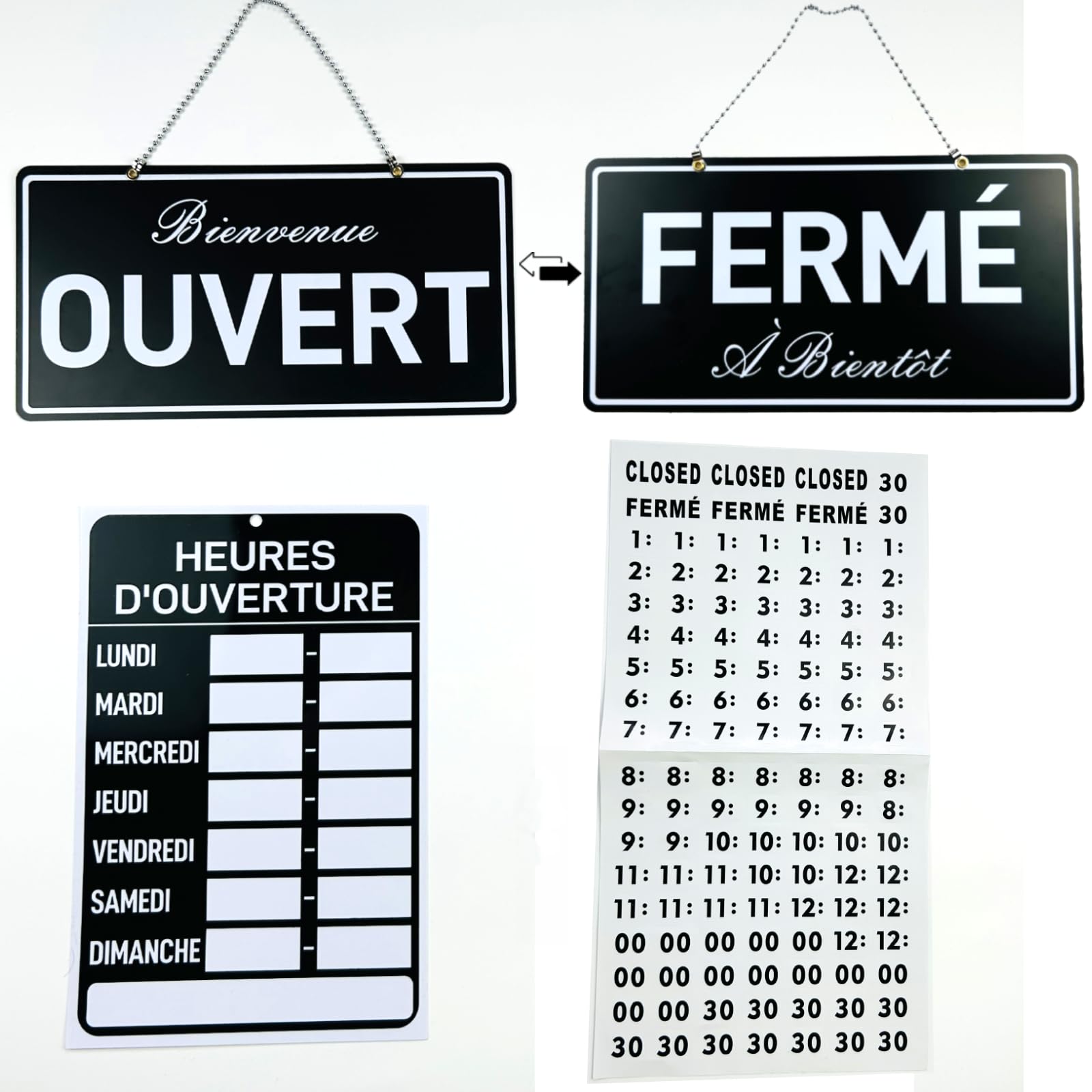 Signe Ouvert, Kit d'heures d'ouverture, Ouvert Fermé Signe, Open Signs for Business, Business Hours Signs, Open Closed Sign kit, Hours of Operation Signs for Business