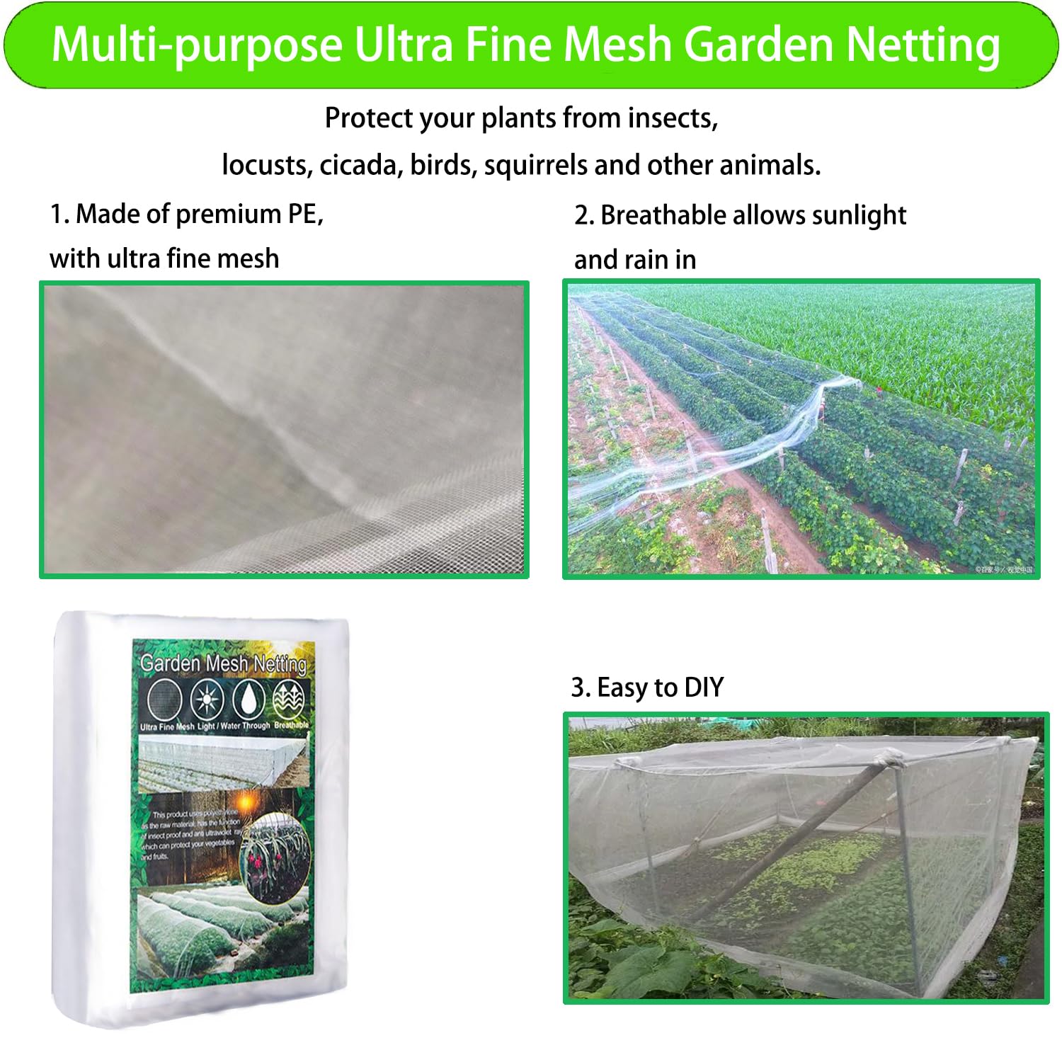 Ultra Fine Garden Mesh Netting, Barrier Protection Net for Anti Mosquito Insects Birds Animals, 8x33FT Plant Cover for Protecting Vegetable Plants Fruits Crops Greenhouse Row Cover Protection Mesh Net