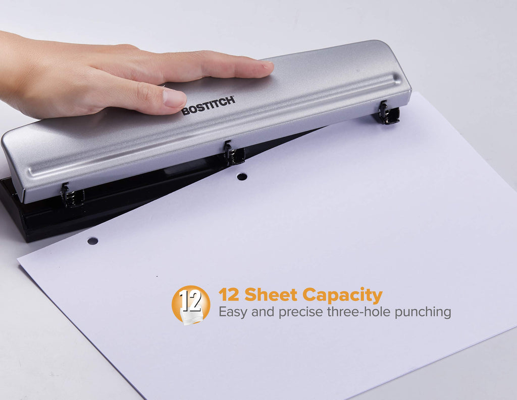 Bostitch Office 3 Hole Punch, 12 Sheet Capacity, Metal, Silver, 2-Pack