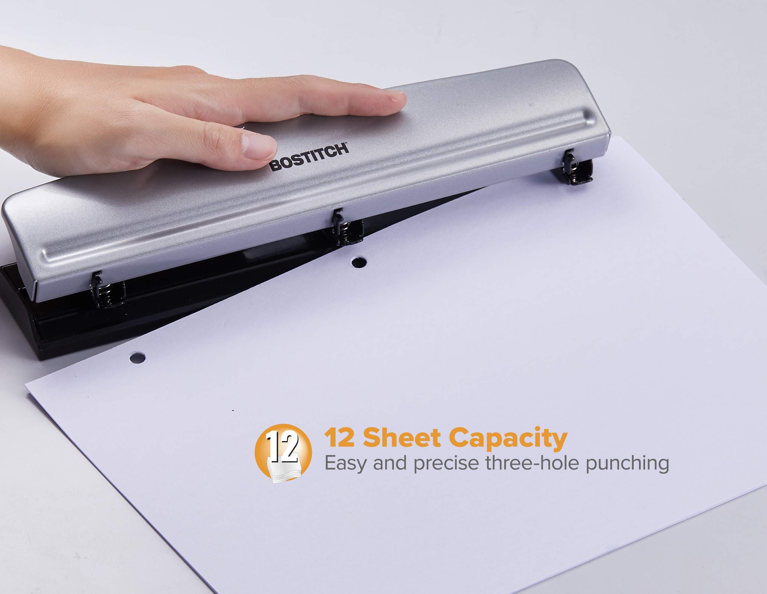 Bostitch Office 3 Hole Punch, 12 Sheet Capacity, Metal, Silver, 2-Pack
