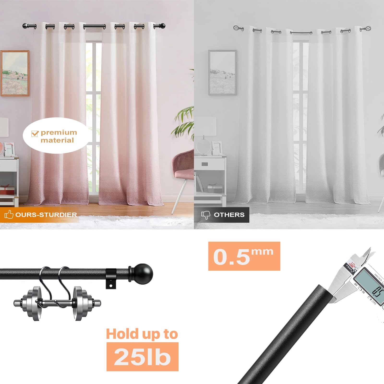 2 Pack Curtain Rod 48 to 84 inch, Adjustable 5/8 Diameter Decorative Drapery Rod Set of 2, Heavy Duty Metal Standard Curtain Rod for Bedroom, Living Room, Black