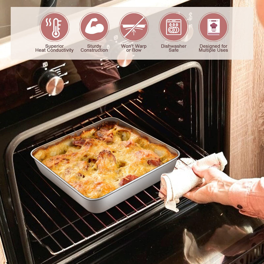 E-far 9 Inch Square Cake Pan with lid, 9x9 Baking Brownie Pans Stainless Steel Bakeware Set of 2, Non-Toxic & Healthy, Easy Clean & Dishwasher Safe - 4 Pieces(2 Pans + 2 Lids)