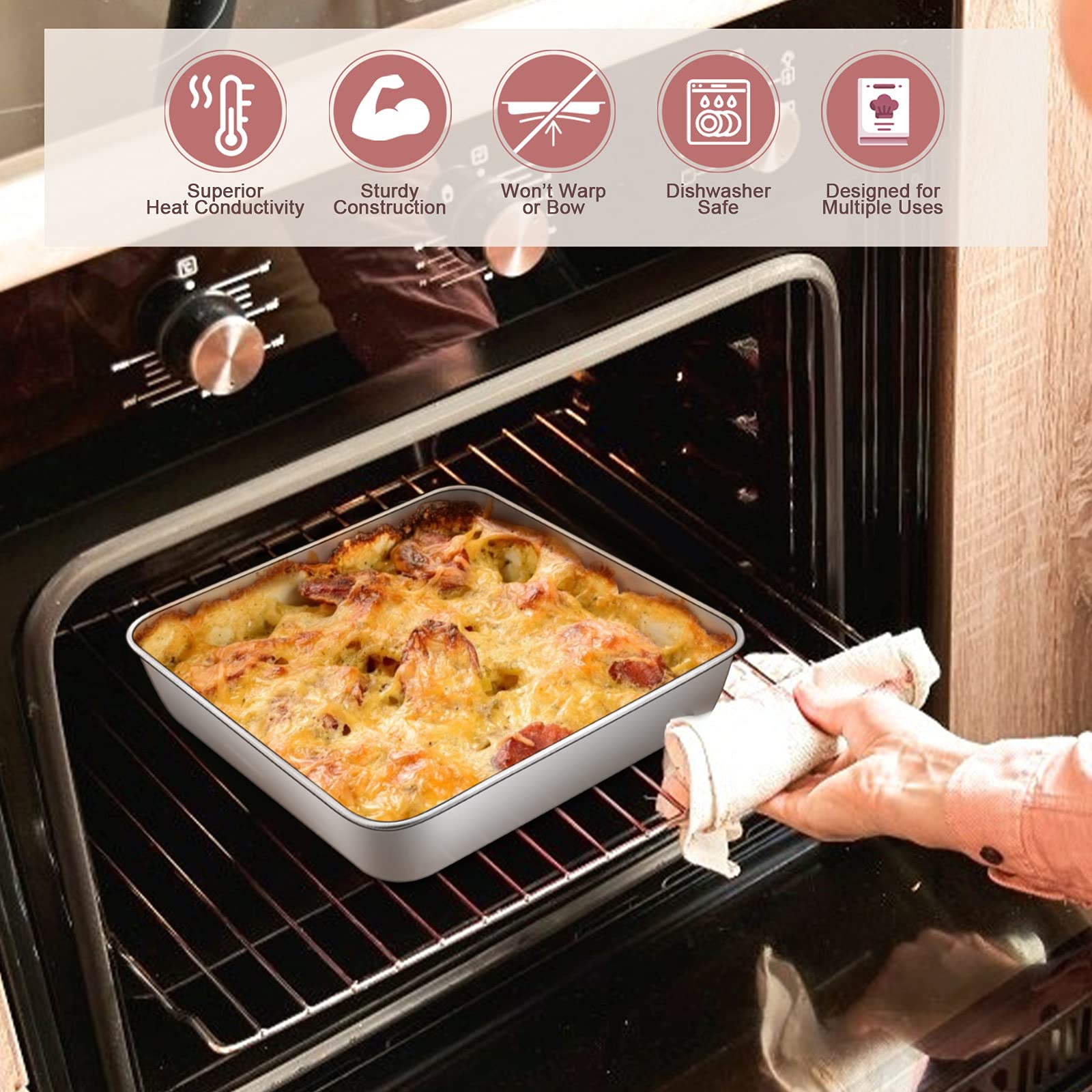 E-far 9 Inch Square Cake Pan with lid, 9x9 Baking Brownie Pans Stainless Steel Bakeware Set of 2, Non-Toxic & Healthy, Easy Clean & Dishwasher Safe - 4 Pieces(2 Pans + 2 Lids)