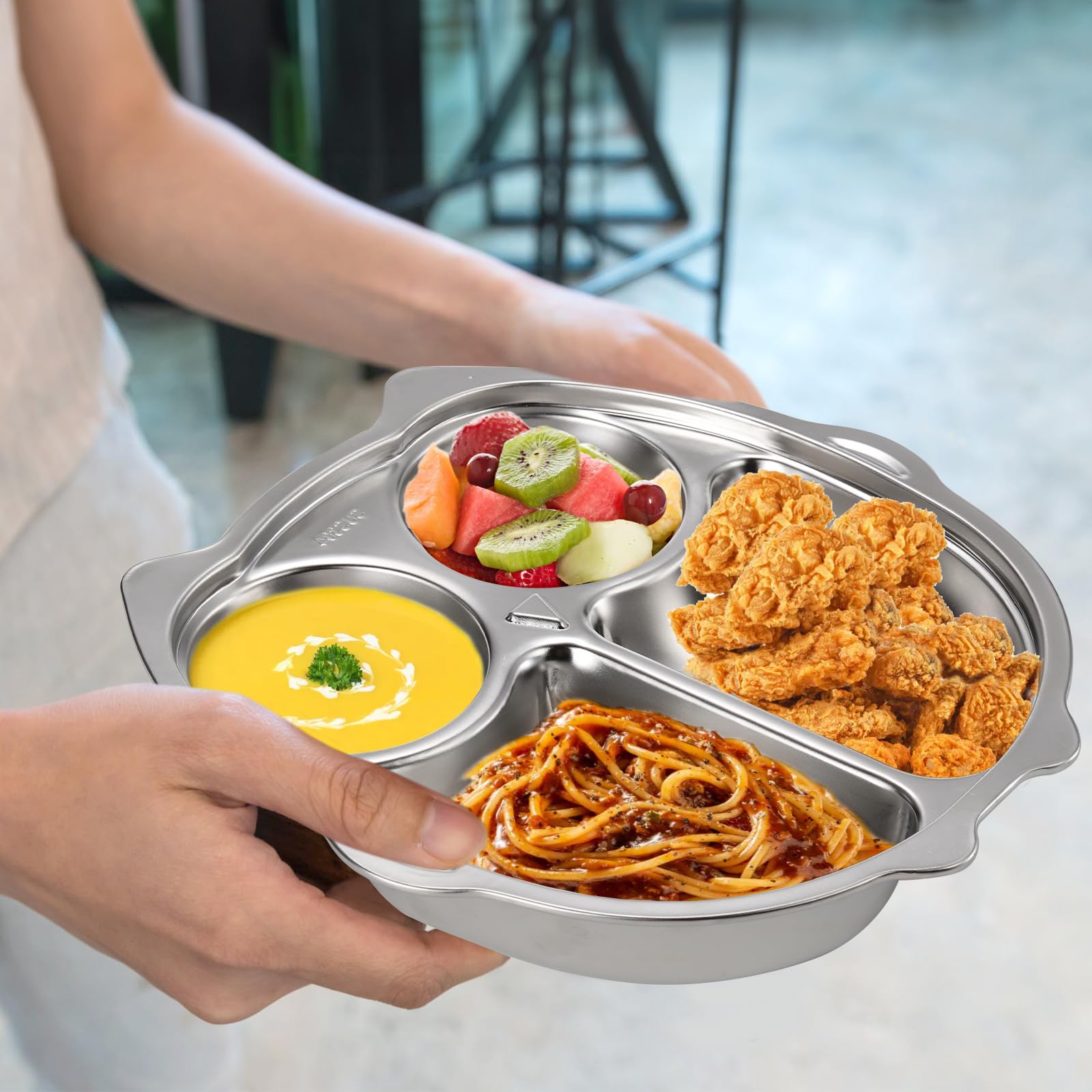 Noamus 3 Pack Stainless Steel Divided Plates, 9 Inch 304 Dinner Platter, Diet Portion Control Tray, 4 Sections Owl Shape Meal Plate for Adult Children Picky Eaters, Camping Dish Lunch Snack