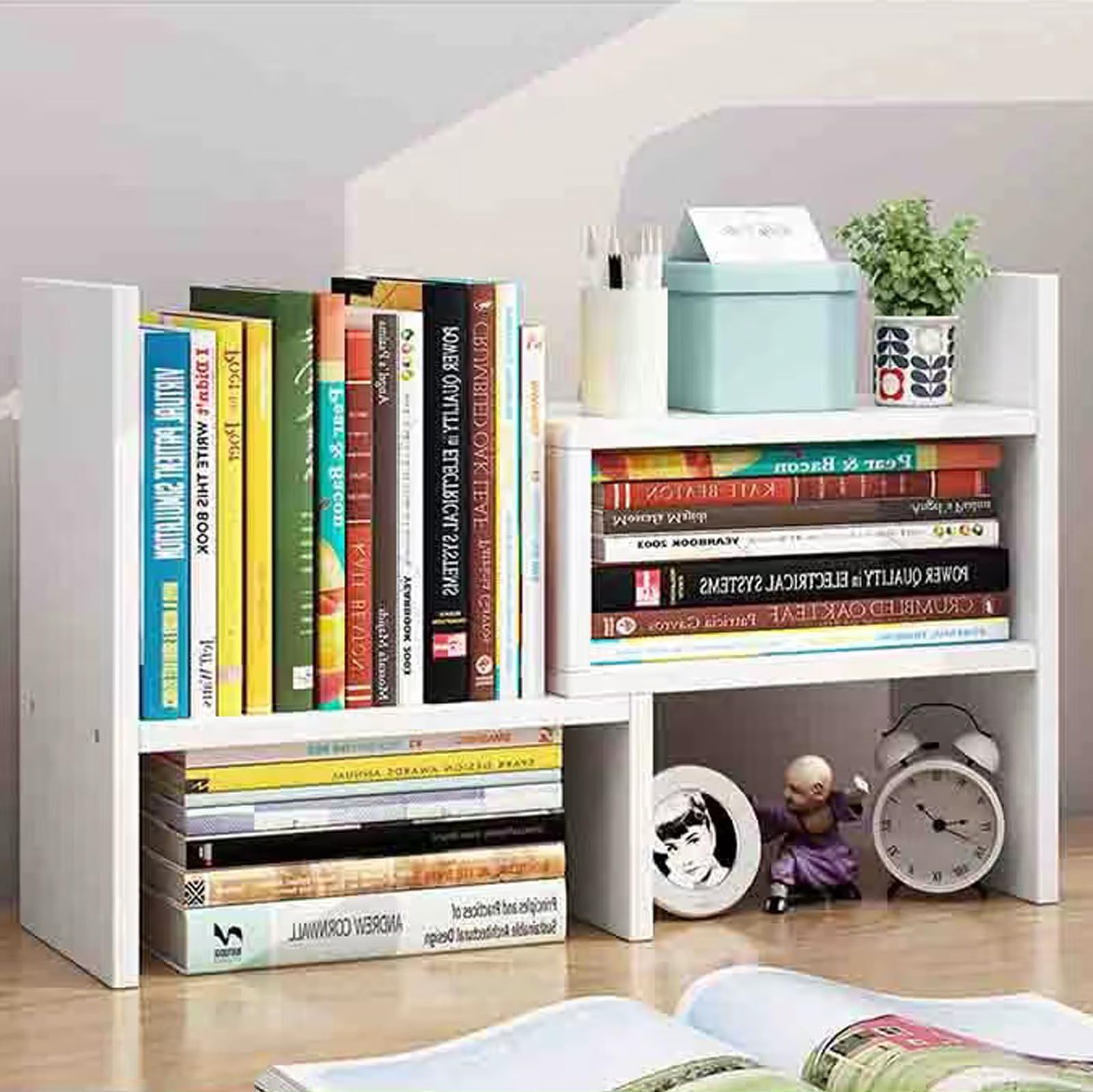 Olyzer Desktop Organizer Office Storage Rack, Adjustable Bookshelf Display Shelf, Versatility Office Supplies Desk Organizer, Free Style Expandable Desktop Bookcase Stand Shelf (White)
