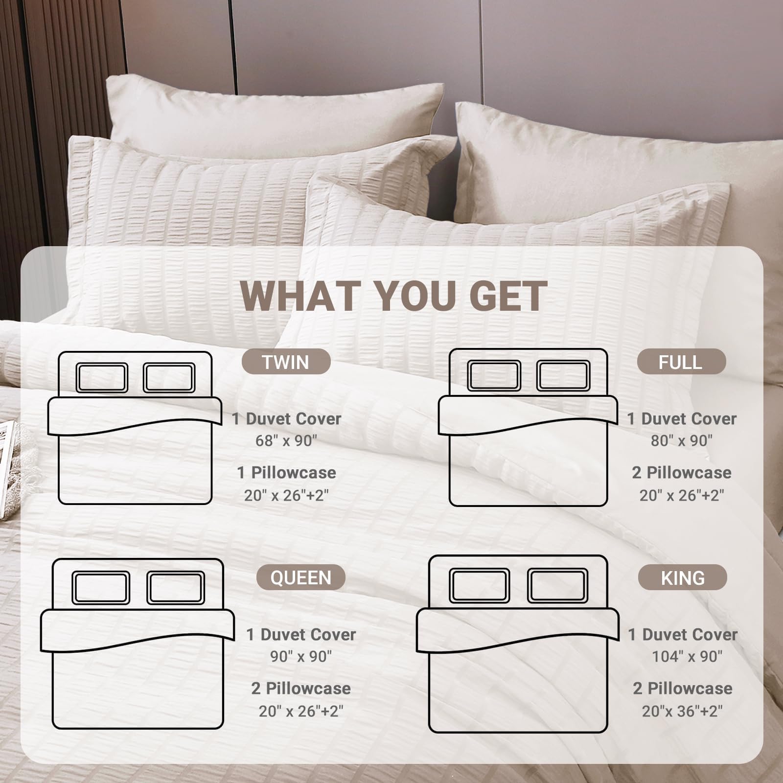 HYMOKEGE Beige Duvet Cover Queen Size, Ultra Soft 3-Piece Seersucker Duvet Cover Set with Zipper Closure, Soft Brushed Microfiber Bedding Set with 8 Corner Ties (90"x90", 2 Pillowshams)
