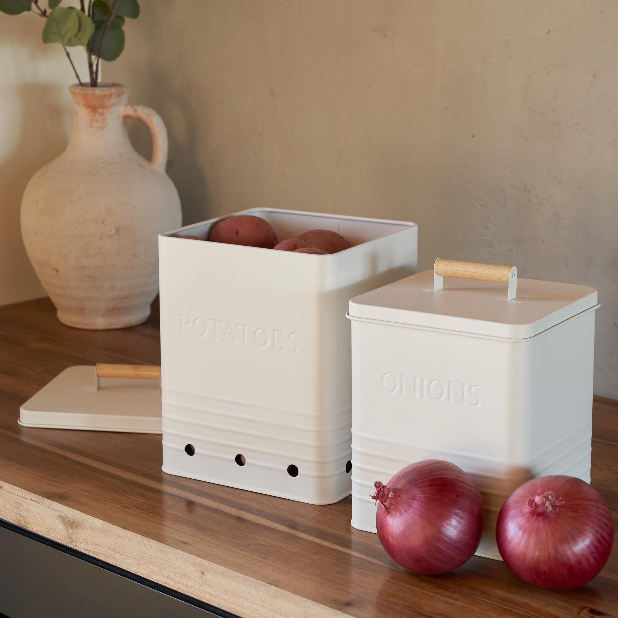 ZICOTO Beautiful Potato Storage Box Set of 2 For Kitchen Countertop - Perfect Storage Containers For Onion, Garlic, Vegetable - Food Safe Metal Holder Bin Set For Fruits