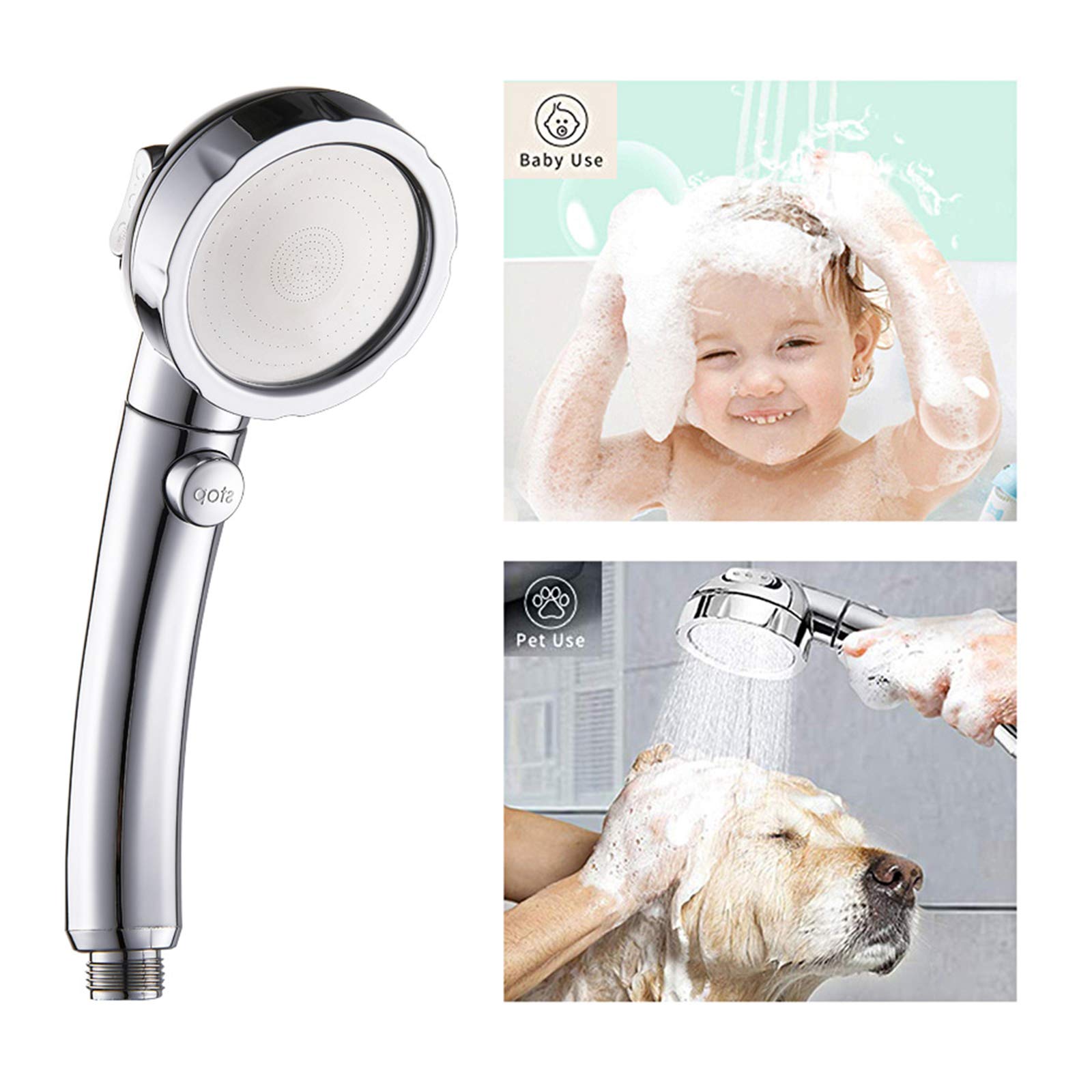 KAIYING High Pressure Handheld Shower Head with ON/Off Pause Switch, 3 Spray Modes Shower Wand with Shut Off Button, Removable Camper Shower Head with Hose and Adjustable Angle Bracket (Chrome)