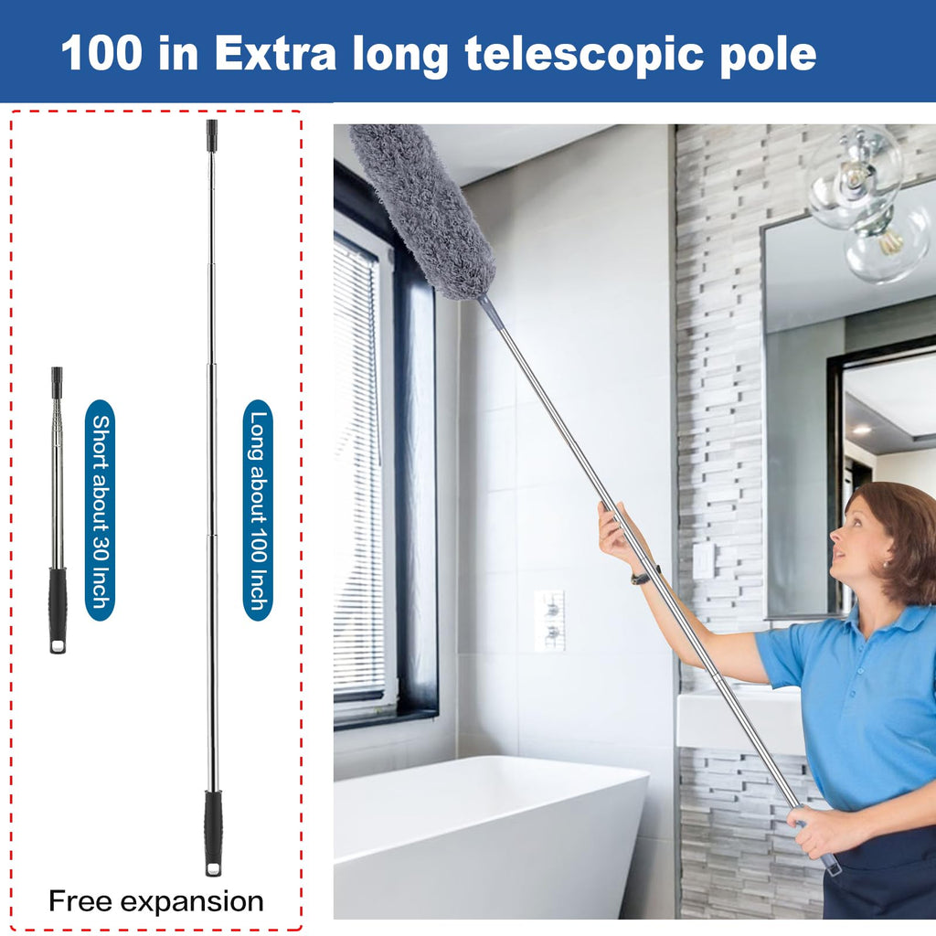 FUUNSOO Microfiber Feather Duster, Duster with Extension Pole 30-100 Inches,Ceiling Fan Cleaner Duster Retractable Gap Dust Brush Cleaner for Cleaning Cobweb,High Ceiling,Blinds (Dark Gray)