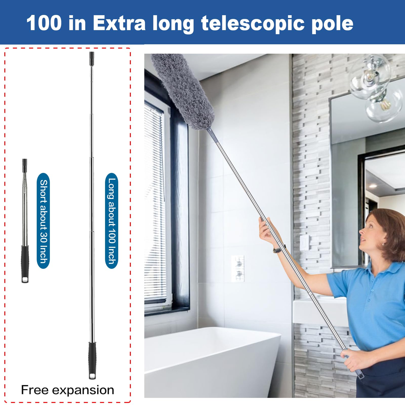 FUUNSOO Microfiber Feather Duster, Duster with Extension Pole 30-100 Inches,Ceiling Fan Cleaner Duster Retractable Gap Dust Brush Cleaner for Cleaning Cobweb,High Ceiling,Blinds (Dark Gray)