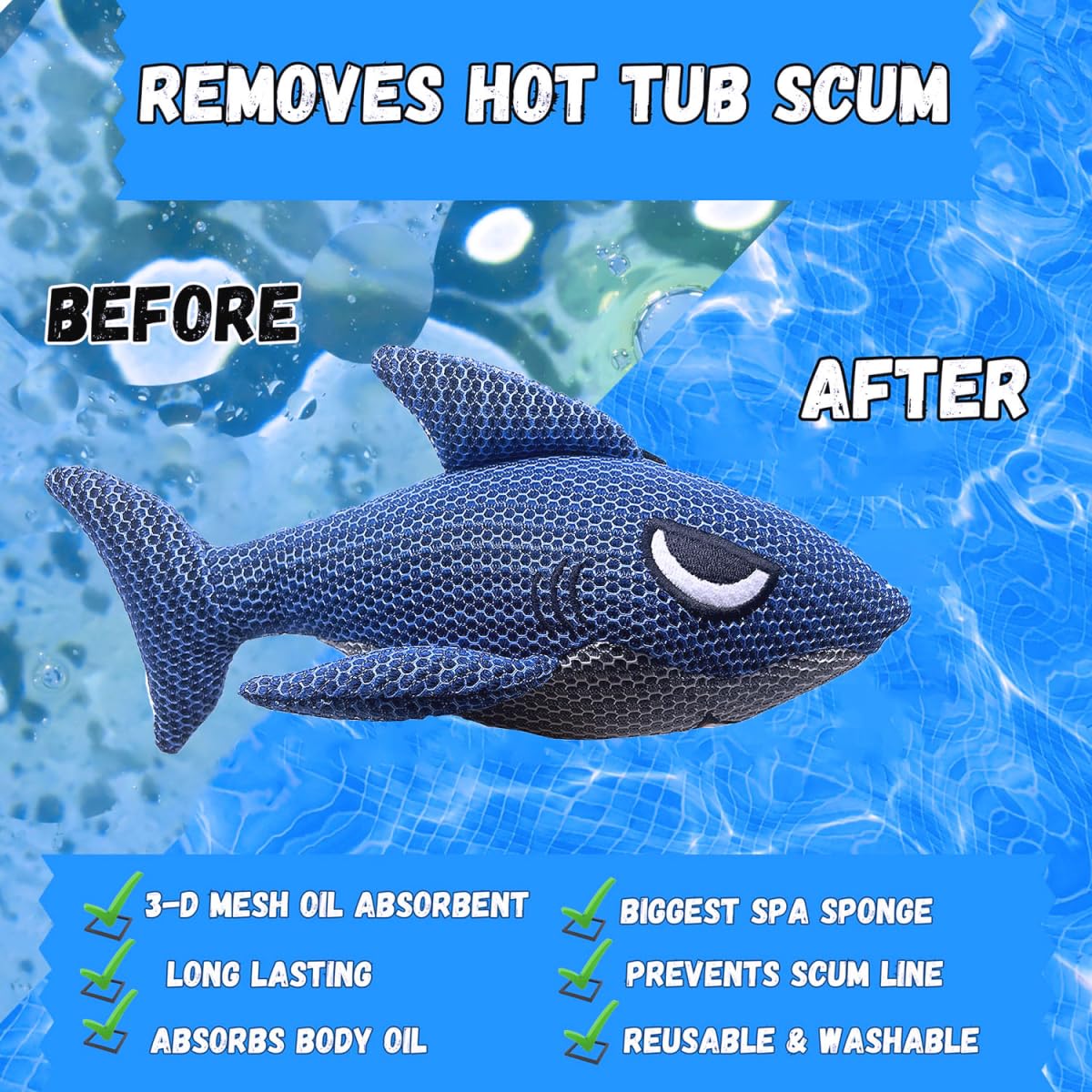Hot Tub Scum Absorber Shark-1 Pack Hot Tub Cleaner Hot Tub Sponges，Keeps Water Clear for Adults Reusable Pool Scum Absorber