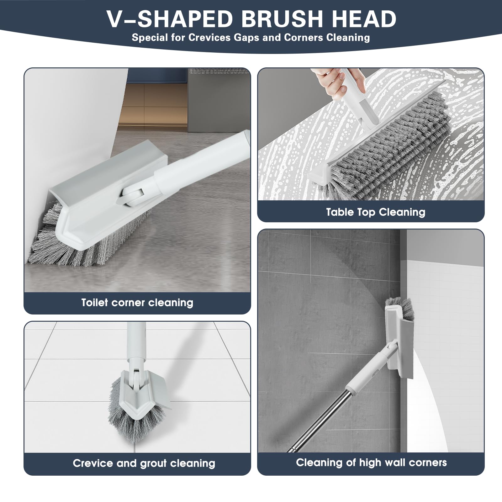 Grout Brush with Long Handle, 2 in 1 Floor Scrub Brush with Squeegee + 2 Crevice Cleaning Brushes, Tile Scrub Brush with Stiff Bristles Floor Scrubber for Cleaning Shower Corner Bathroom Tile