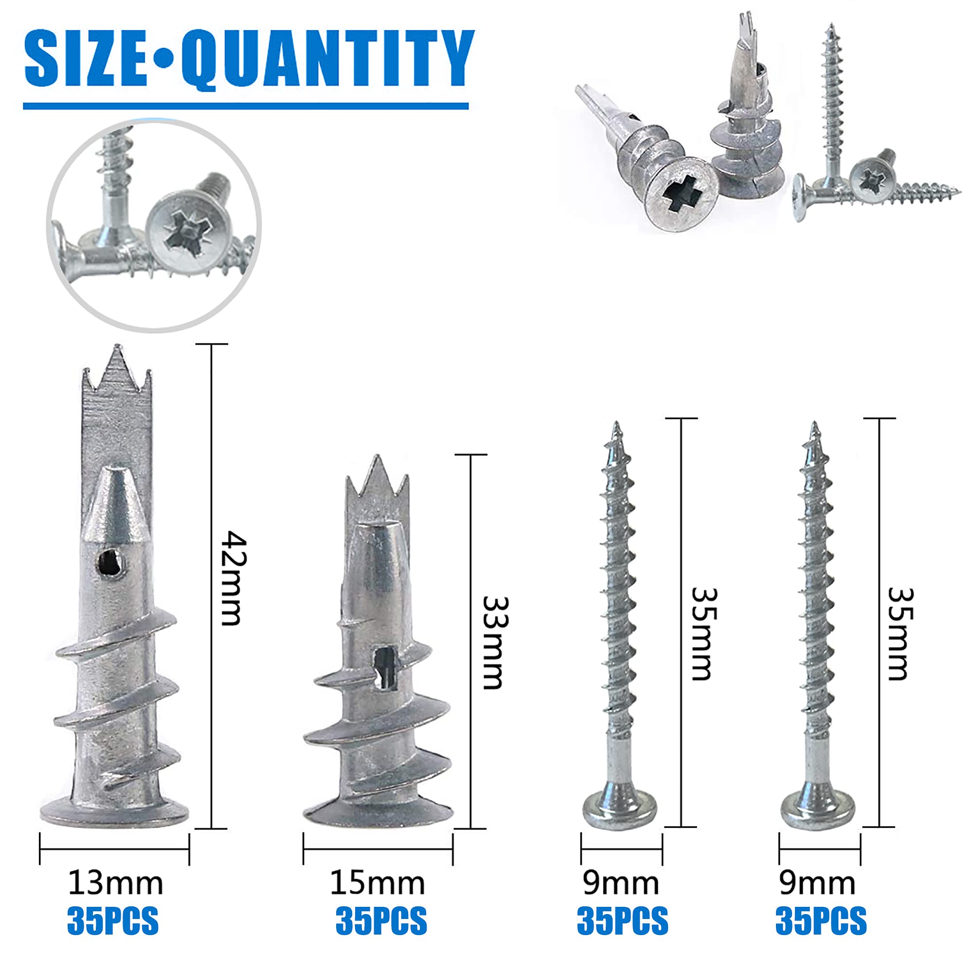 ISPINNER 140pcs Zinc Drywall Anchors Self Drilling Hollow Wall Anchors with Screws Assortment Kit (13x42mm + 15x33mm)